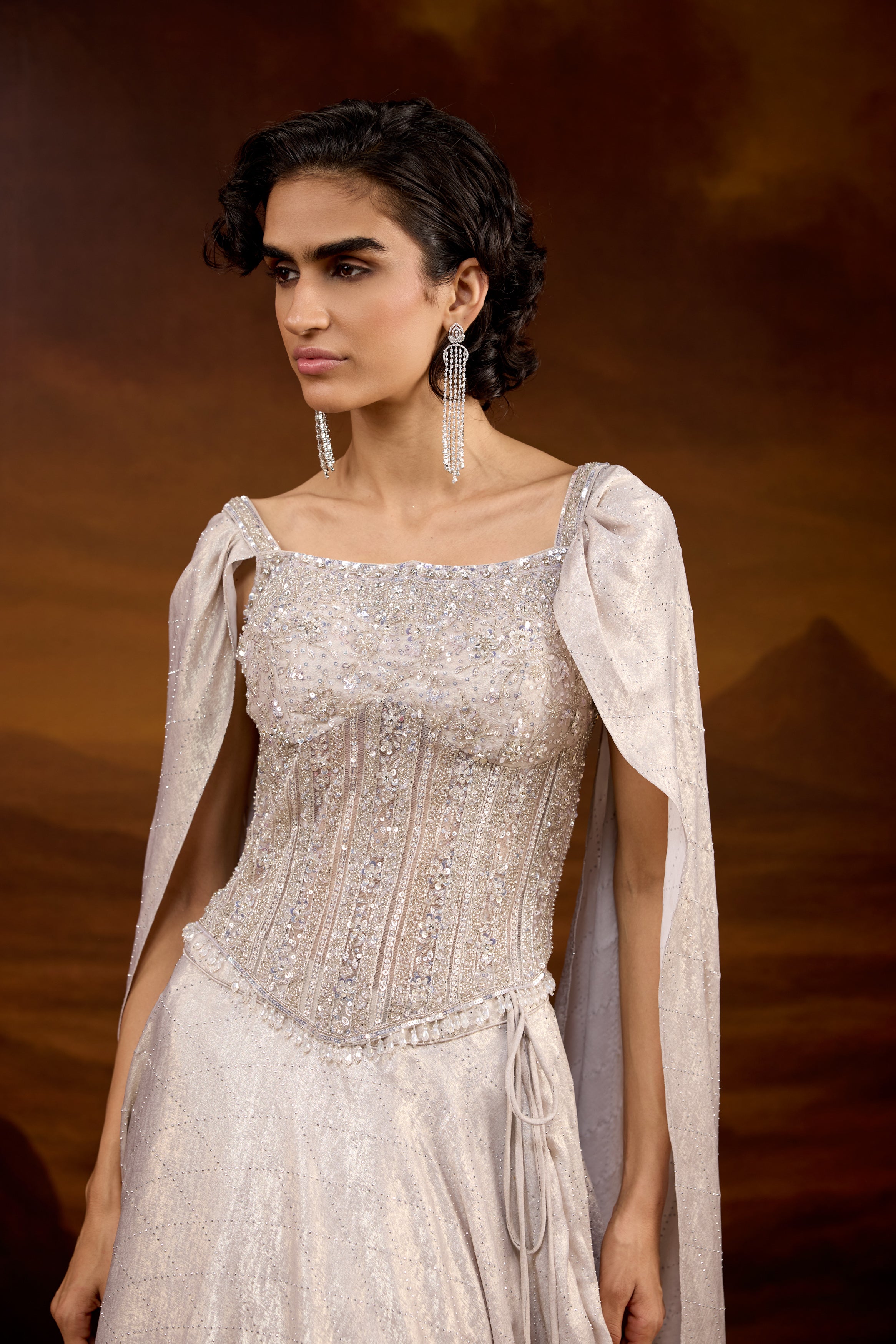 Champagne Silver Embellished Raw Silk Silk Lehenga Set