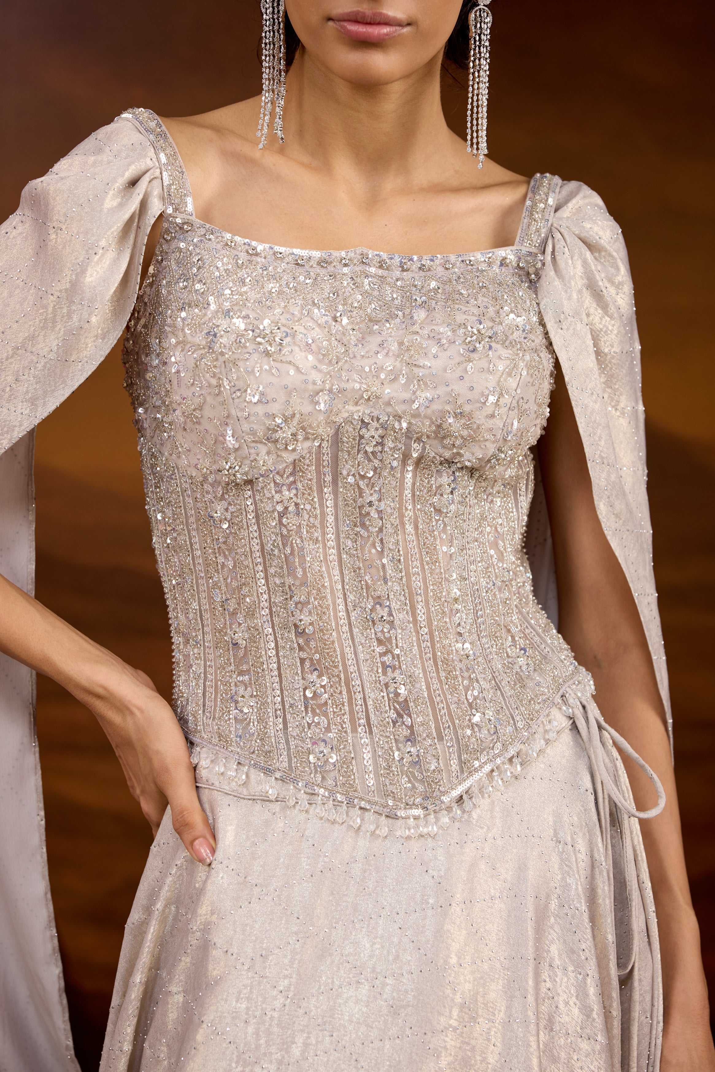 Champagne Silver Embellished Raw Silk Silk Lehenga Set