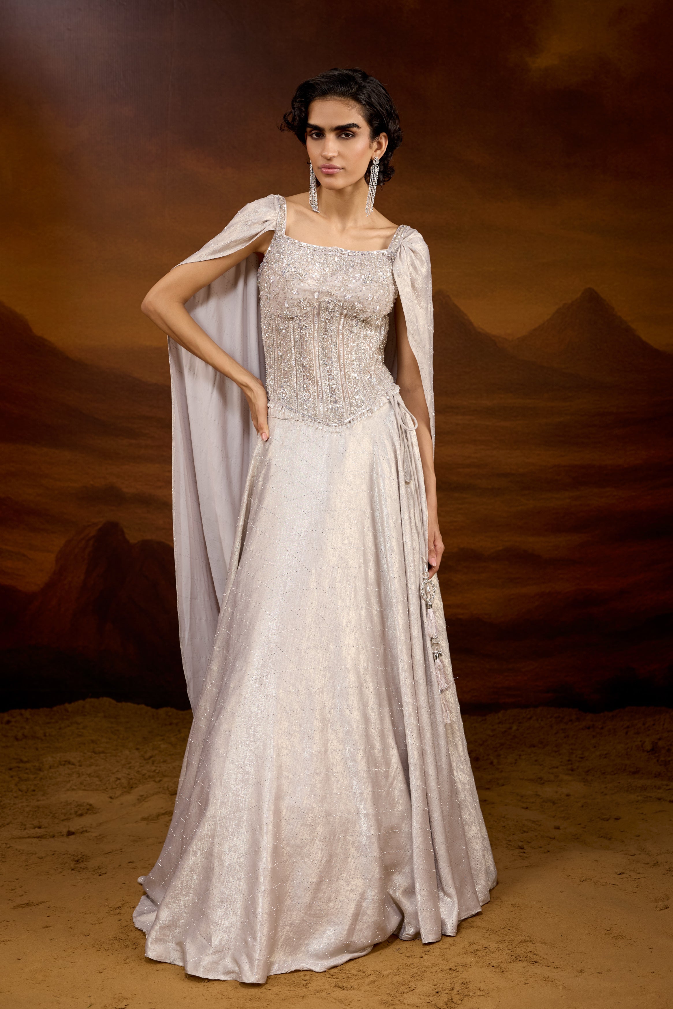 Champagne Silver Embellished Raw Silk Silk Lehenga Set