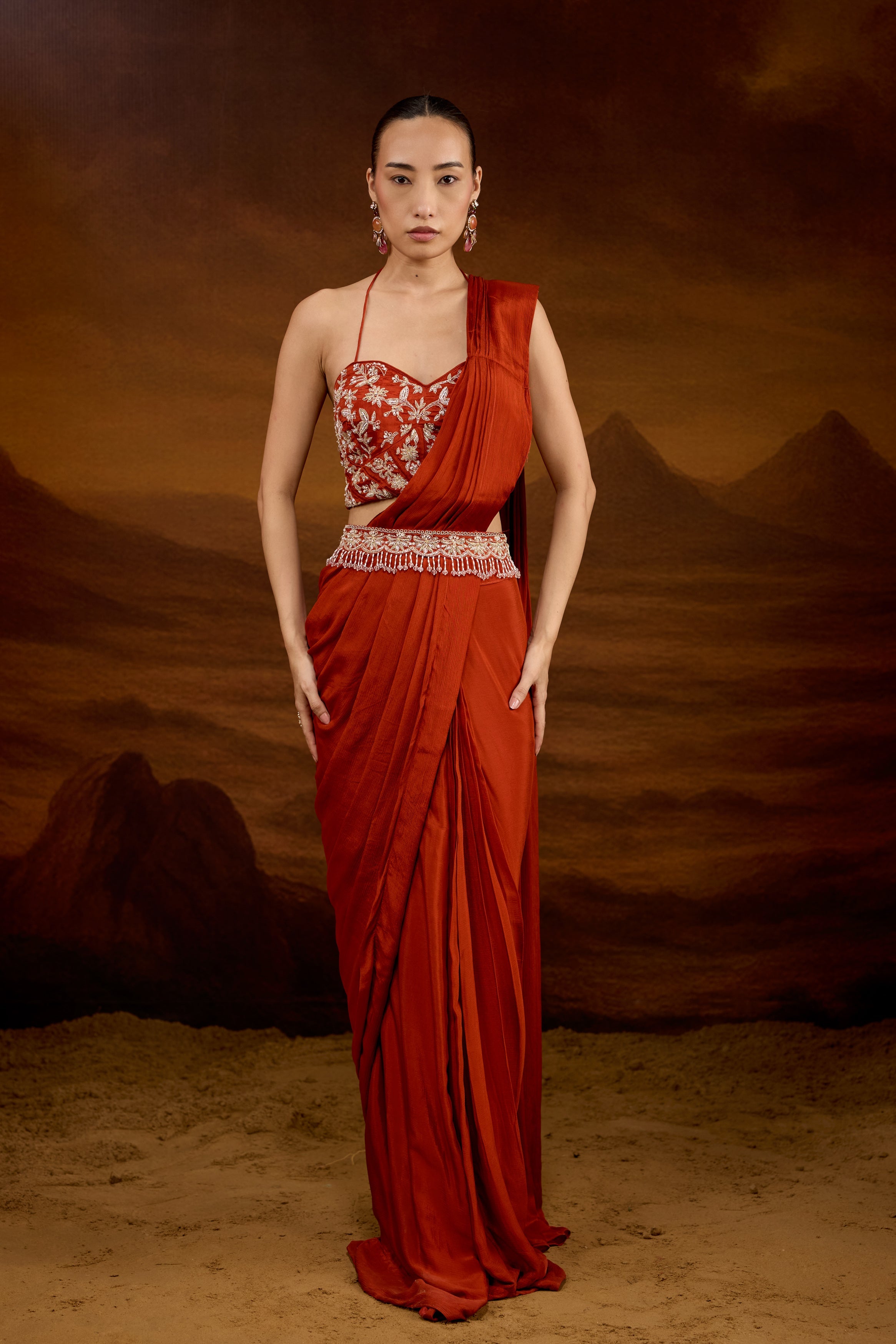 Rust Orange Embellished Chinon Silk Draped Saree