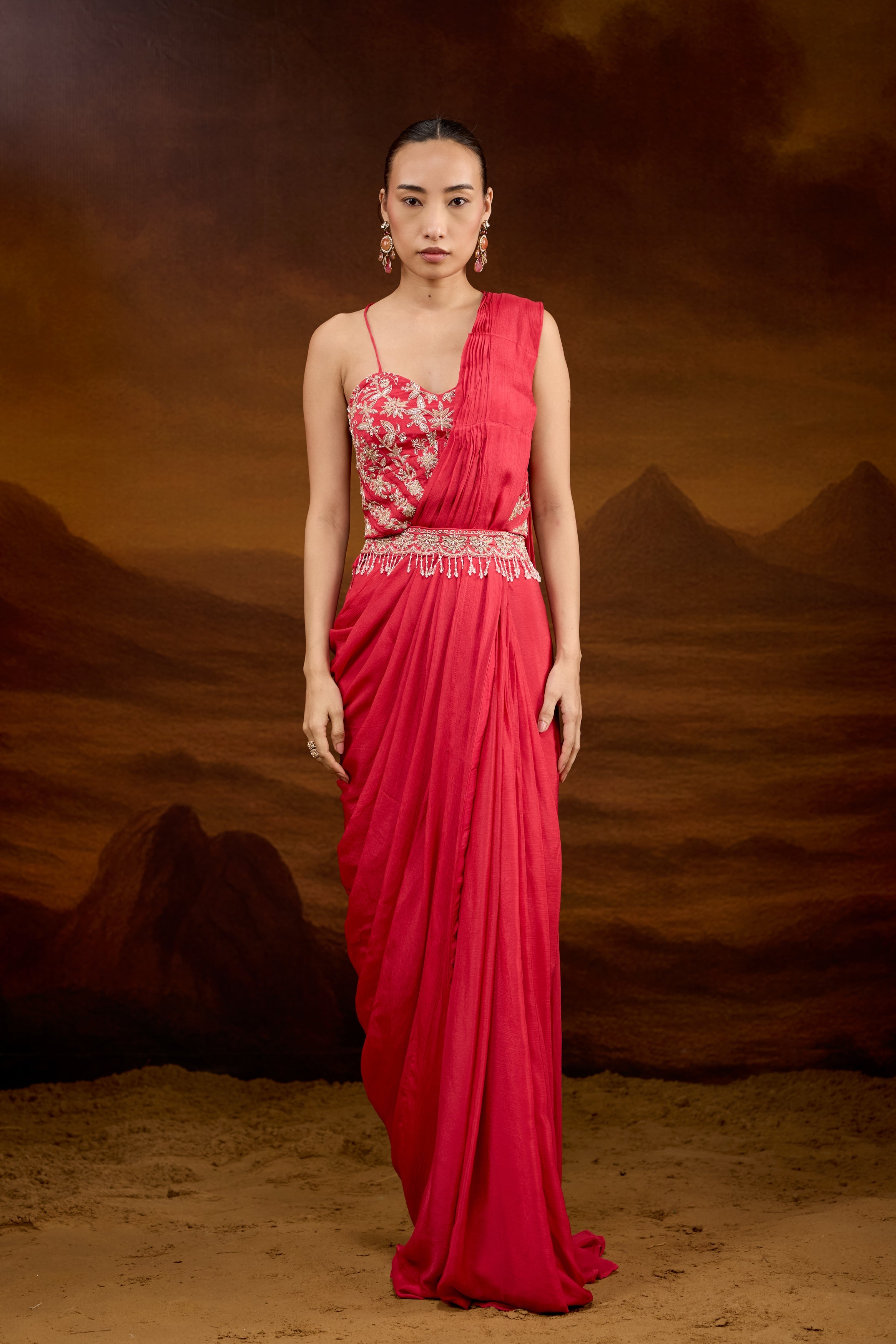 Raspberry Pink Embellished Chinon Silk Draped Saree