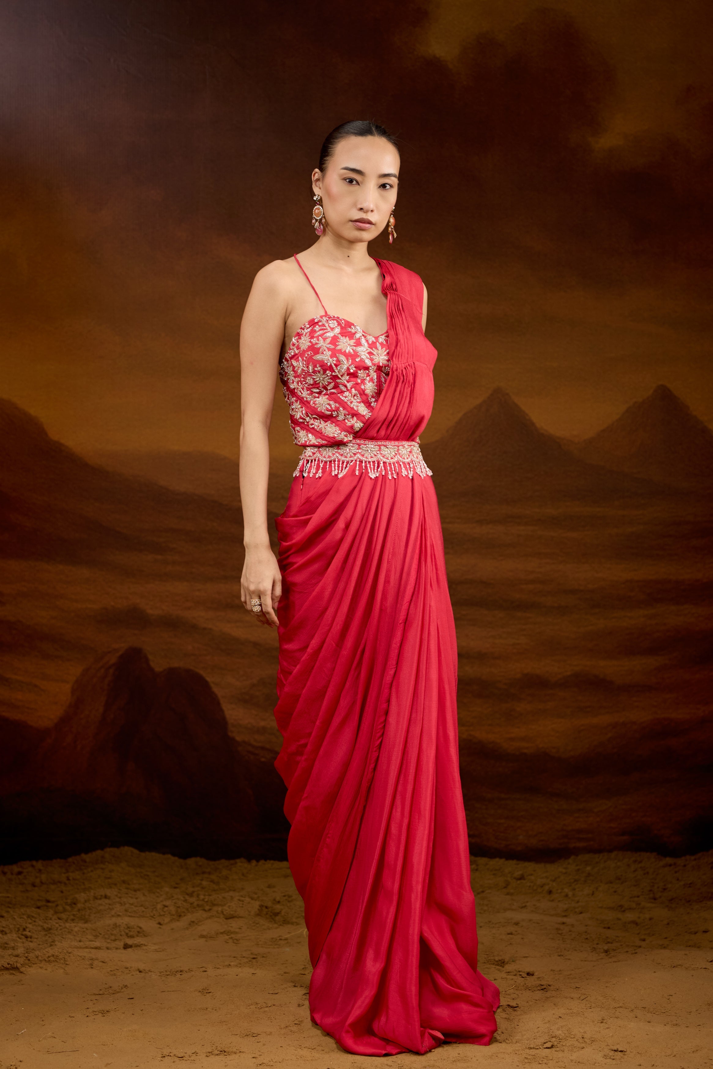 Raspberry Pink Embellished Chinon Silk Draped Saree