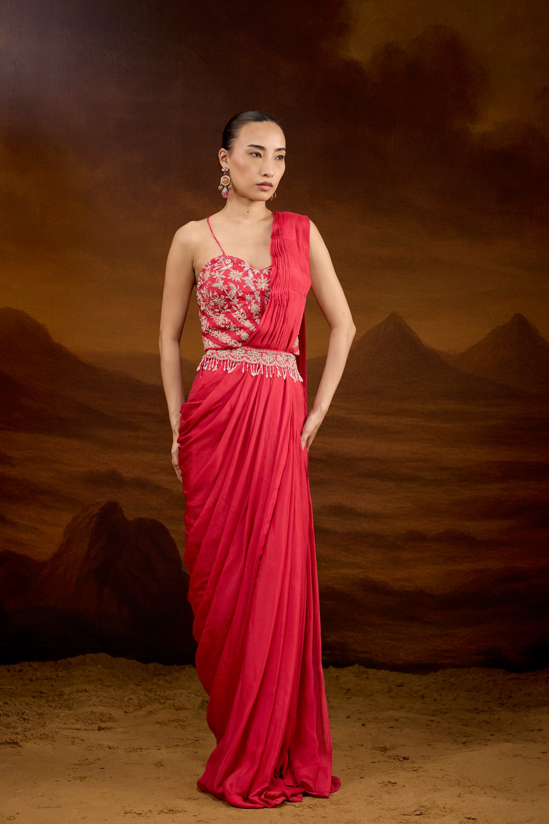 Raspberry Pink Embellished Chinon Silk Draped Saree