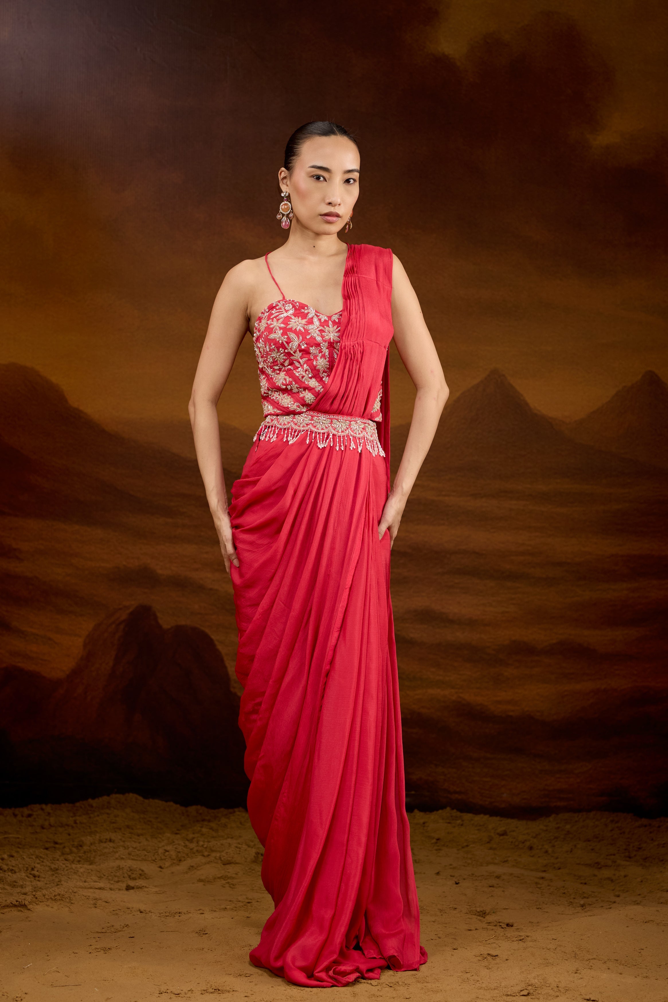 Raspberry Pink Embellished Chinon Silk Draped Saree