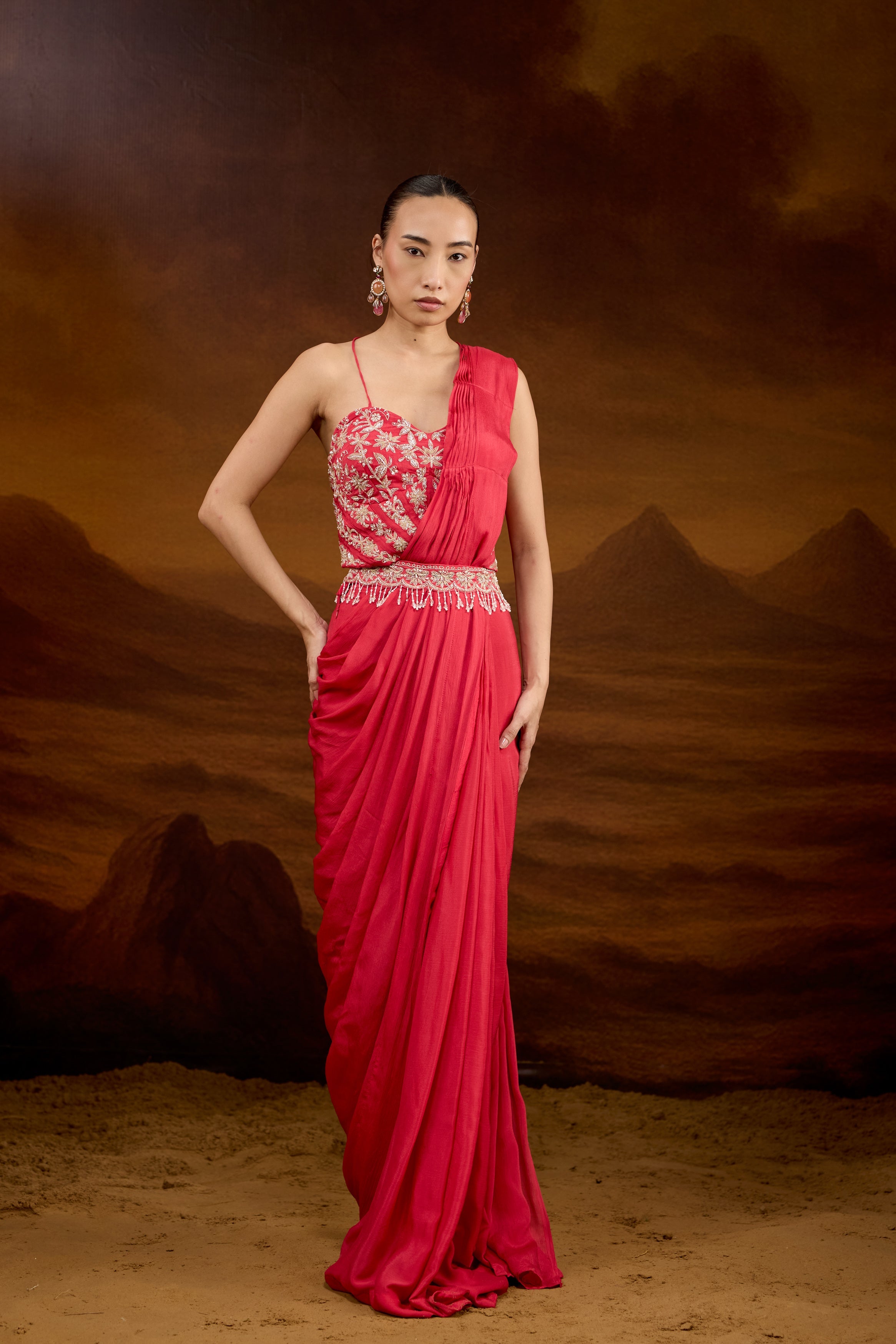 Raspberry Pink Embellished Chinon Silk Draped Saree