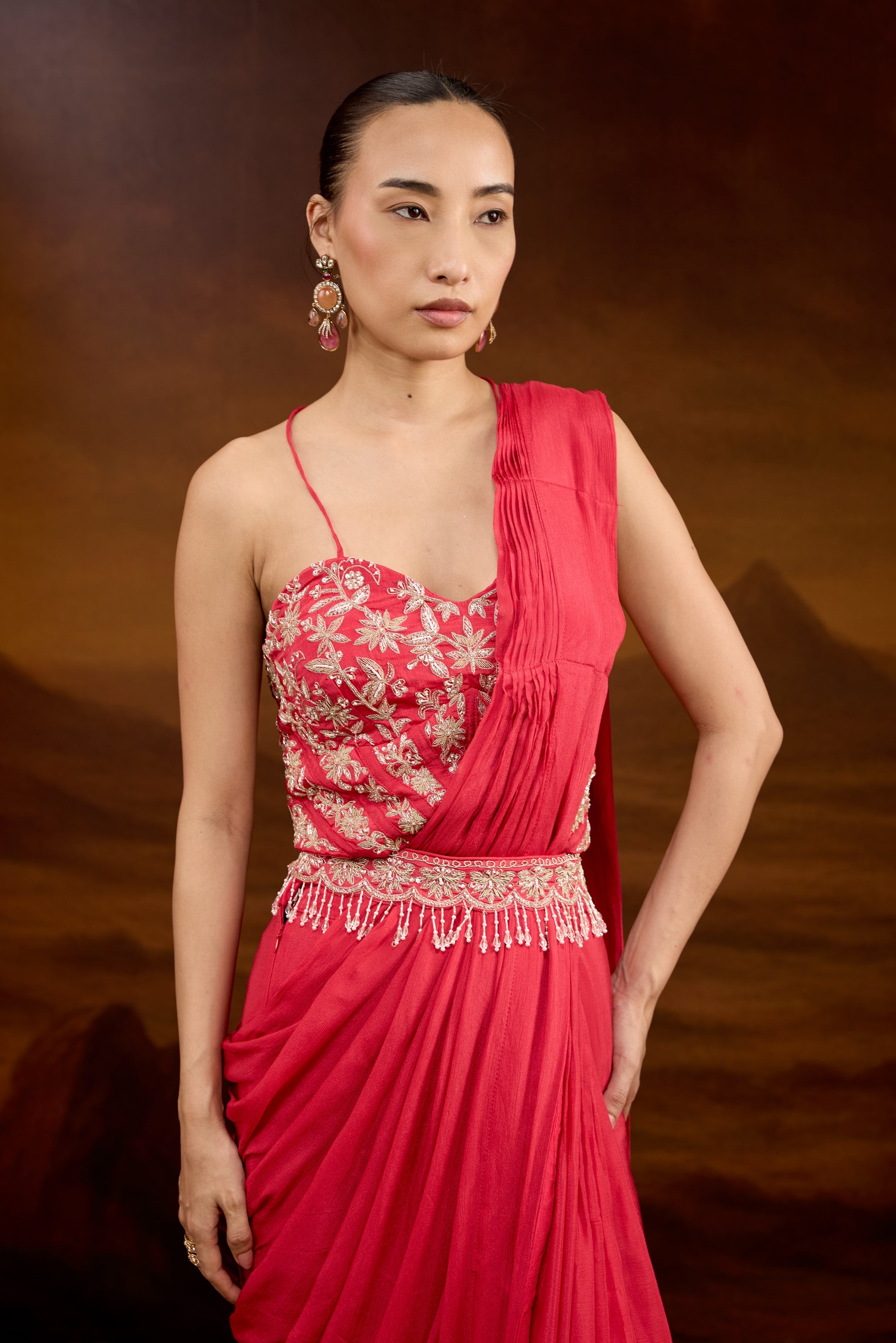 Raspberry Pink Embellished Chinon Silk Draped Saree