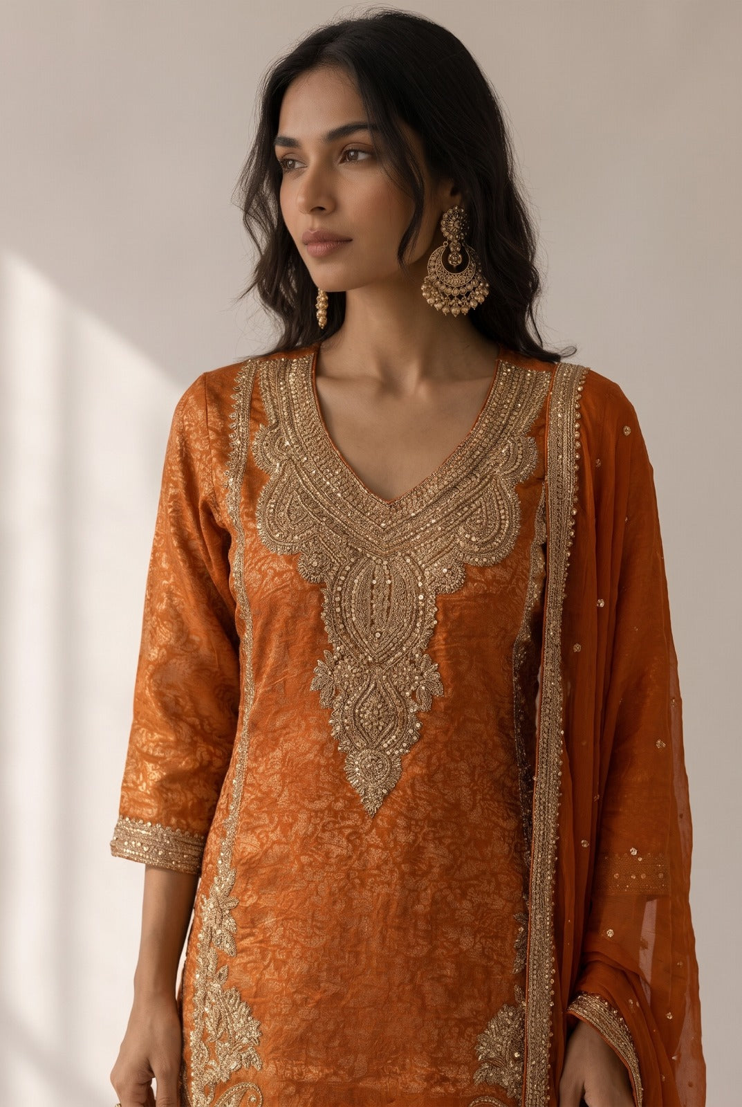 Tangerine Embellished Banarasi Brocade Silk Pant Set
