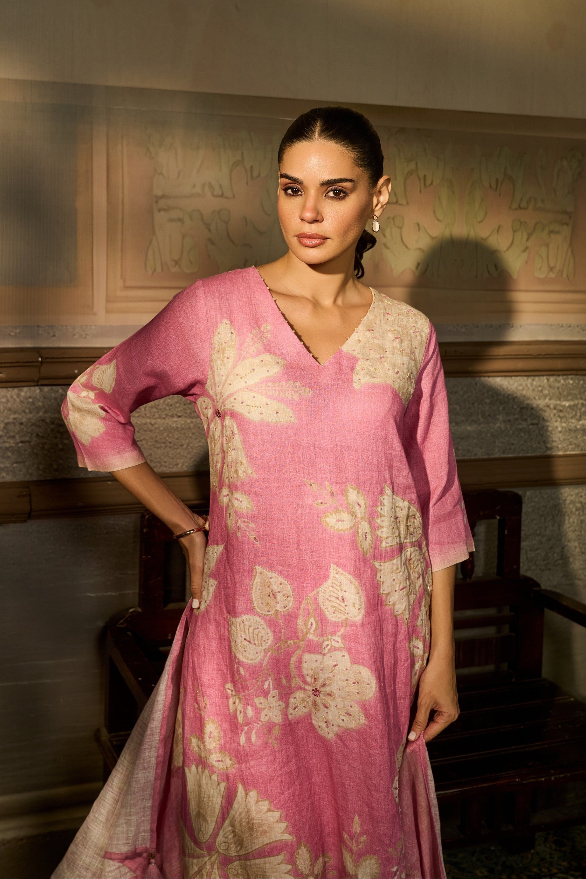 Pink Printed Linen Pant Set