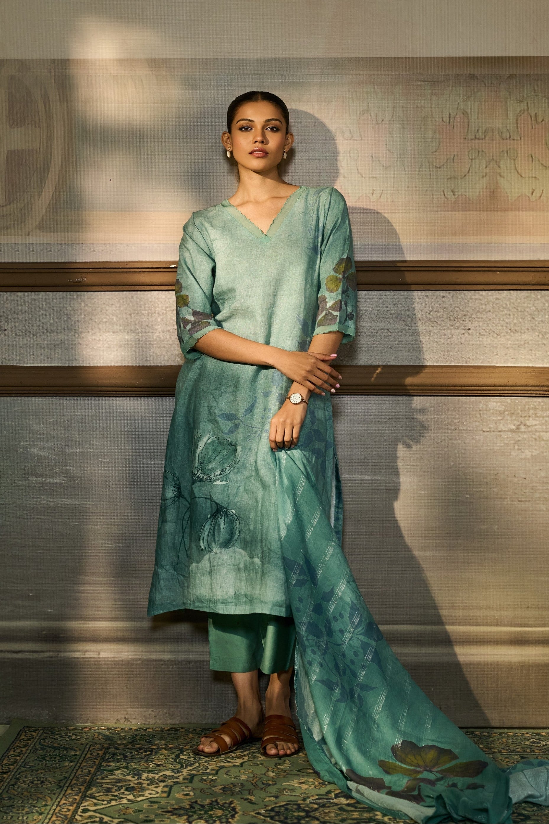 Aqua Blue Embellished Linen Pant Set