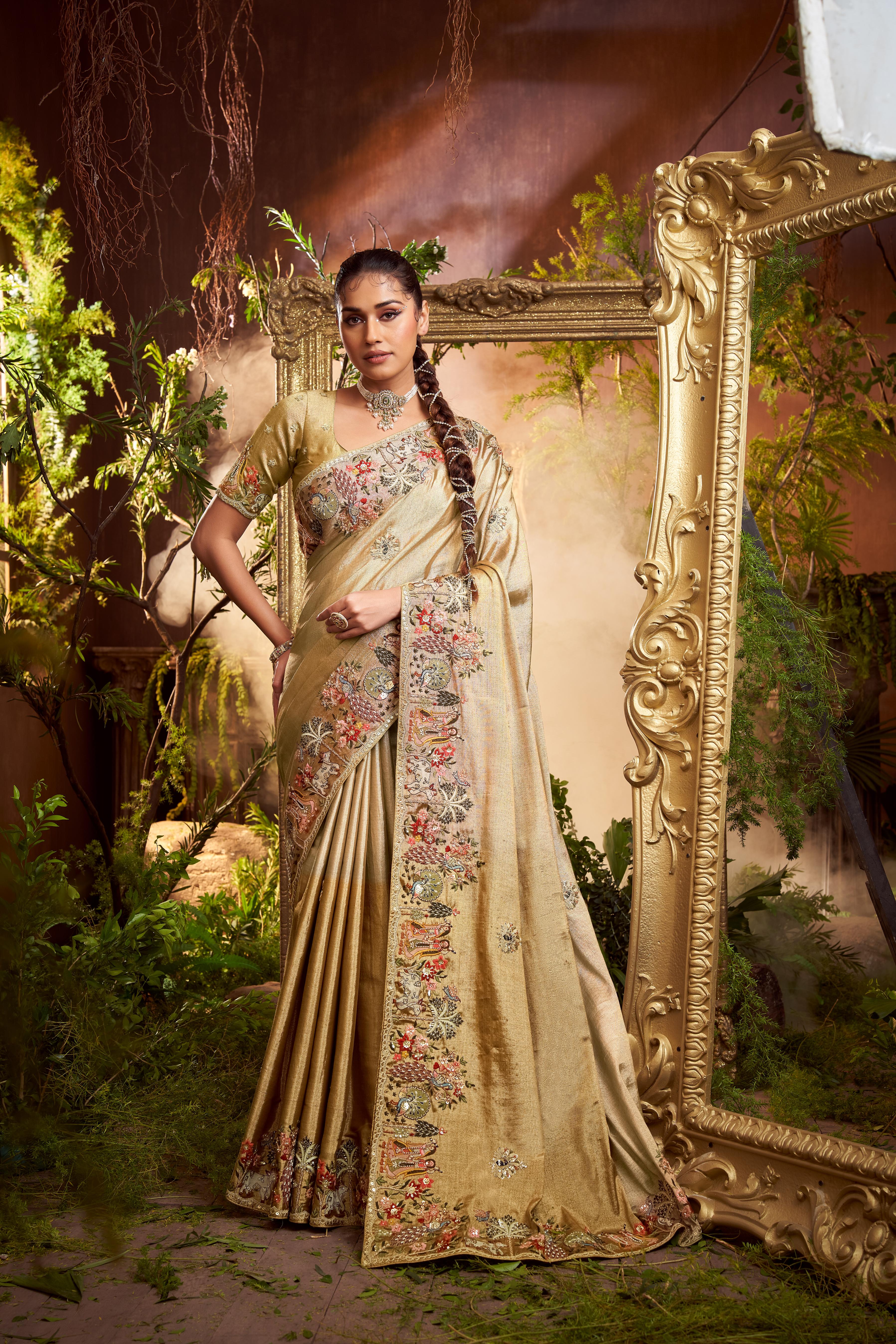 Antique Gold Embellished Shimmer Tissue Silk Saree