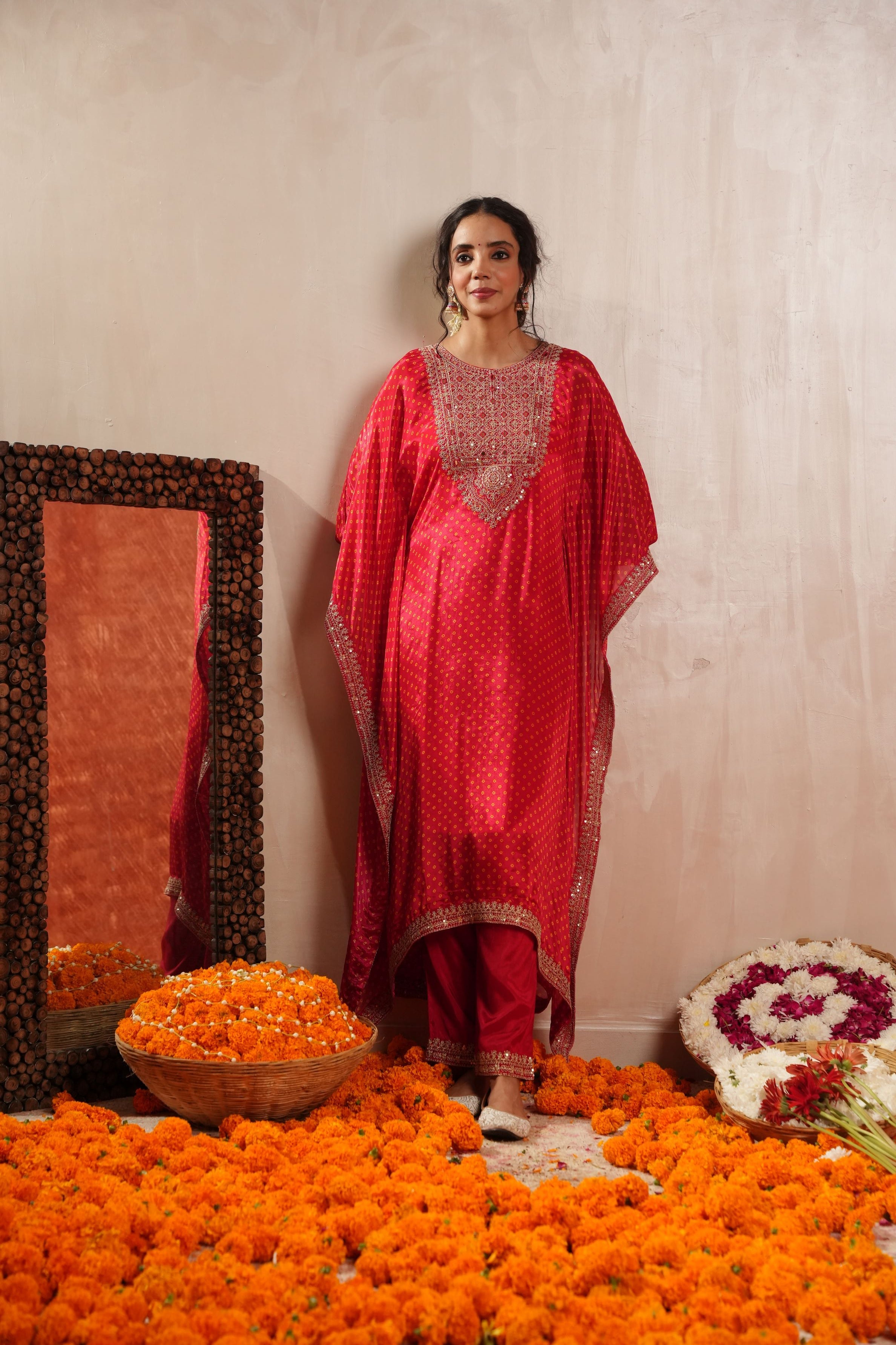 Red Bandhej Printed Premium Silk Kaftan Set