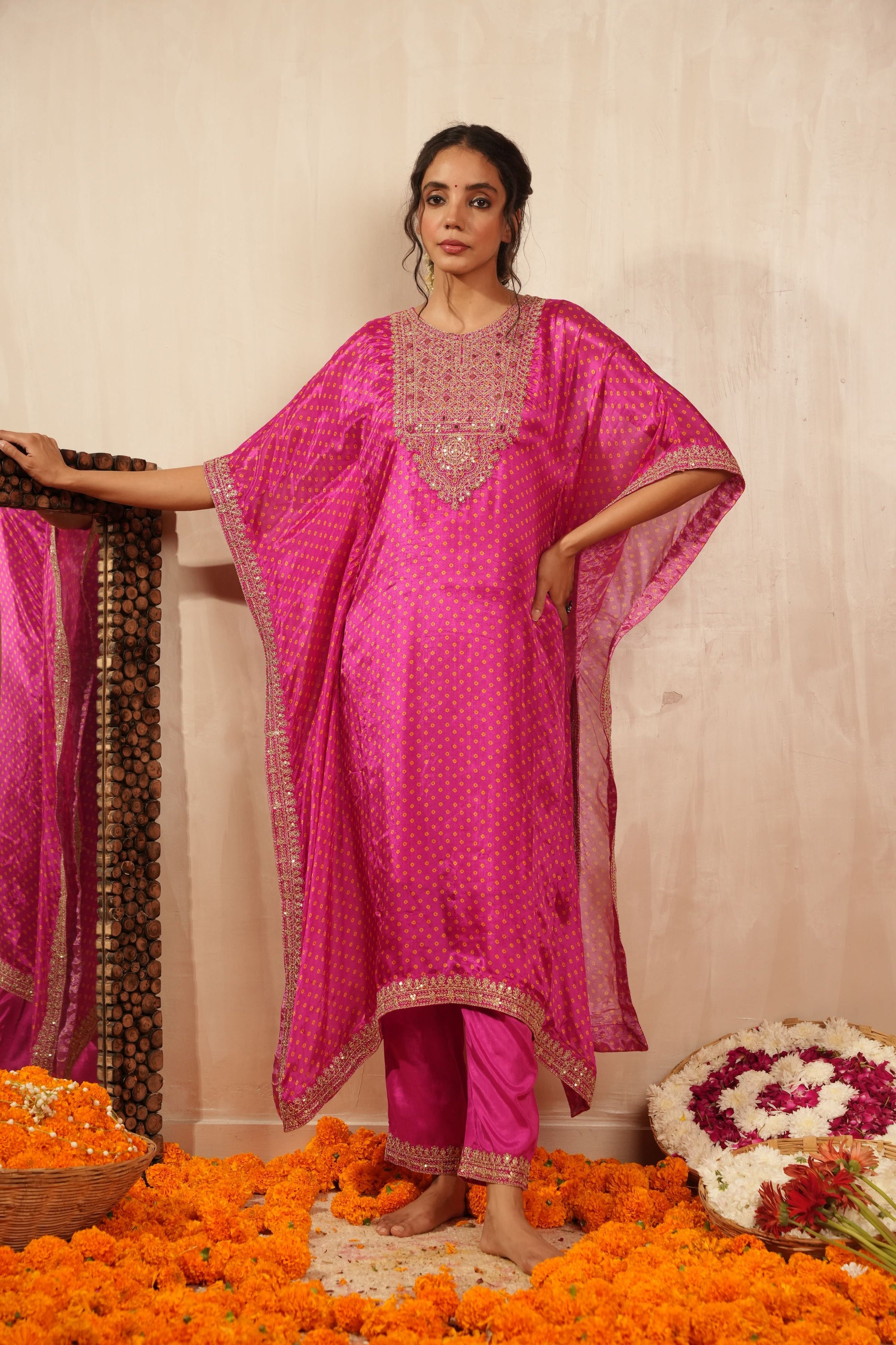 Pink Bandhej Printed Premium Silk Kaftan Set