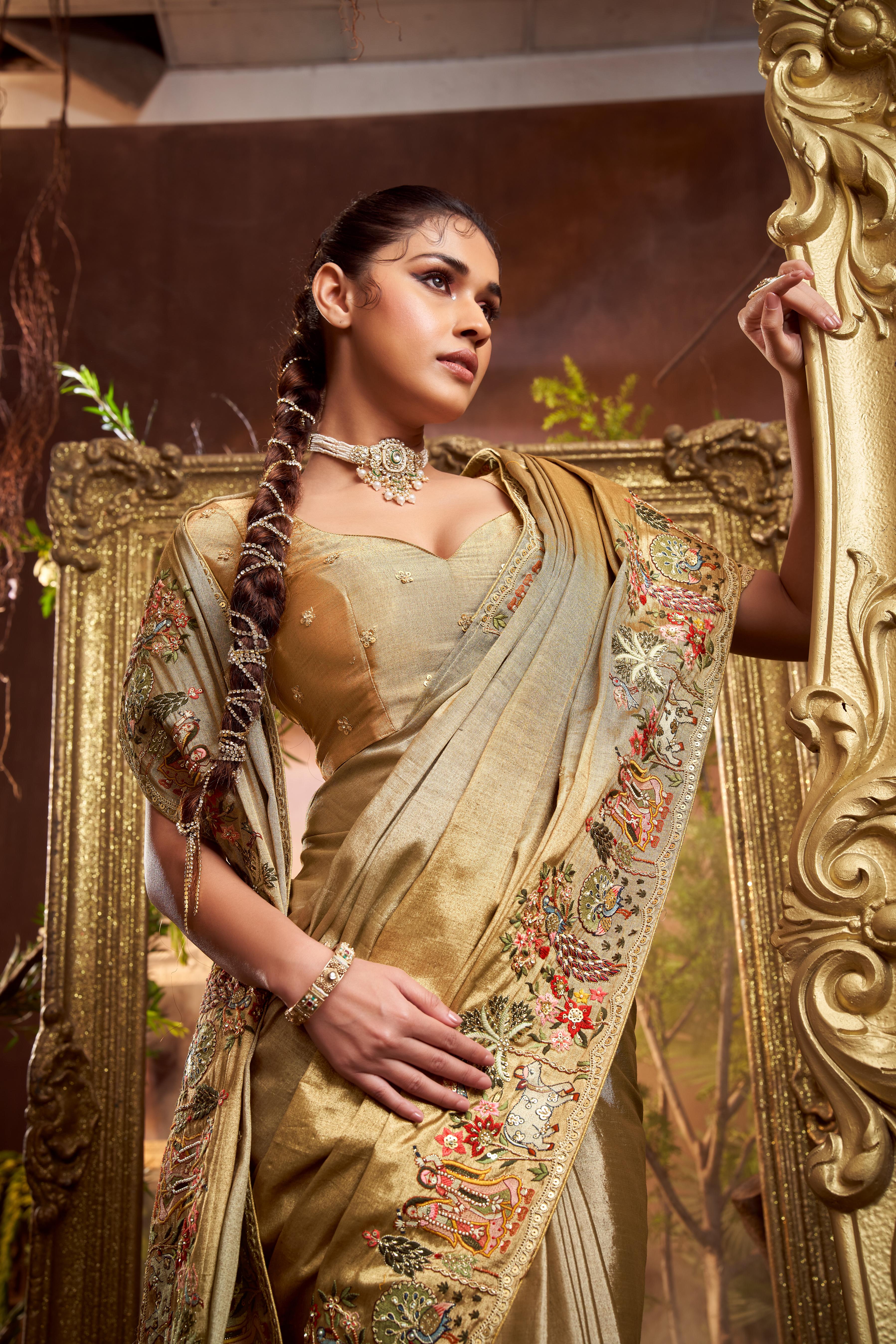 Antique Gold Embellished Shimmer Tissue Silk Saree