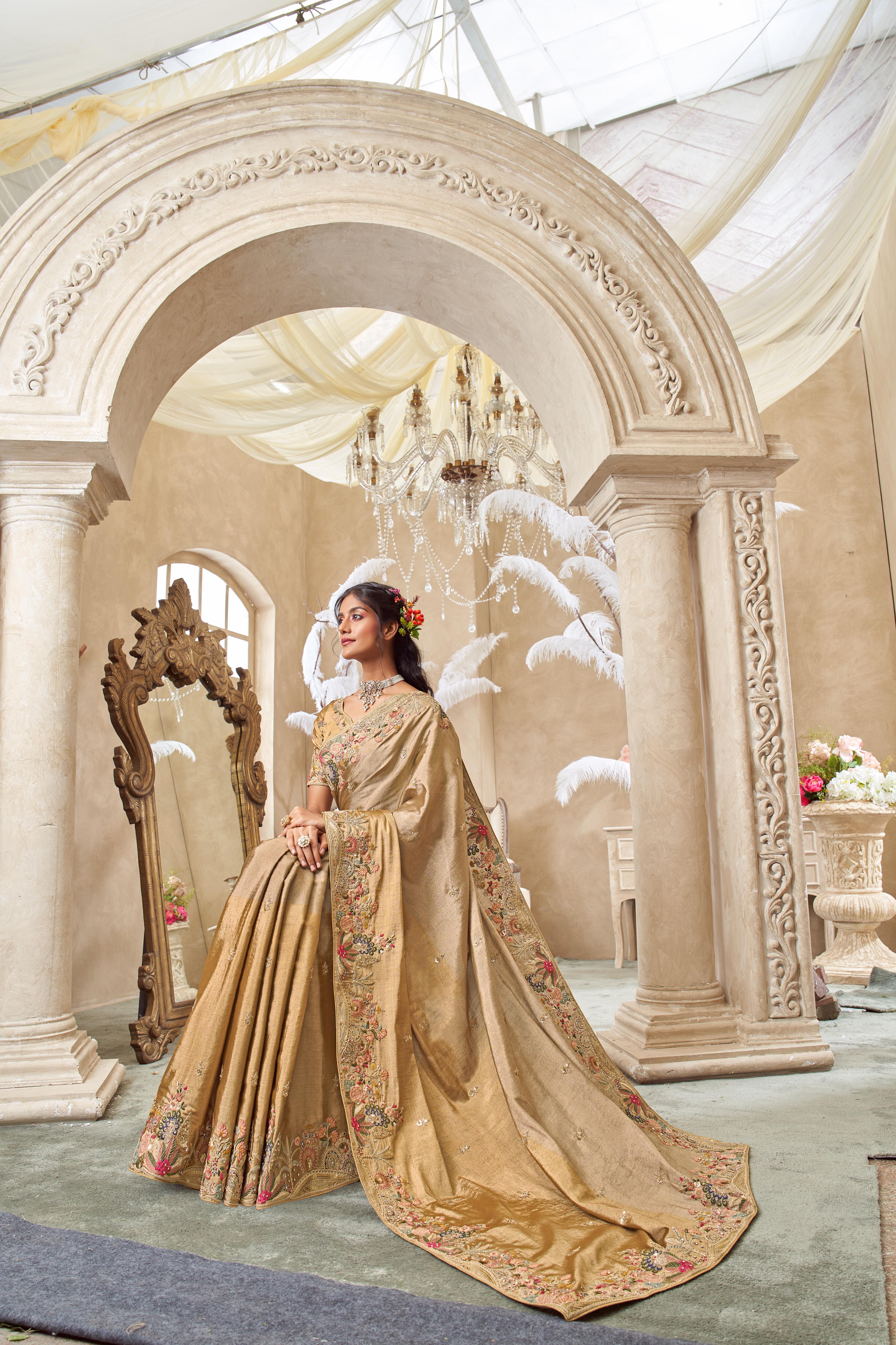 Yellow Gold Embellished Shimmer Tissue Silk Saree