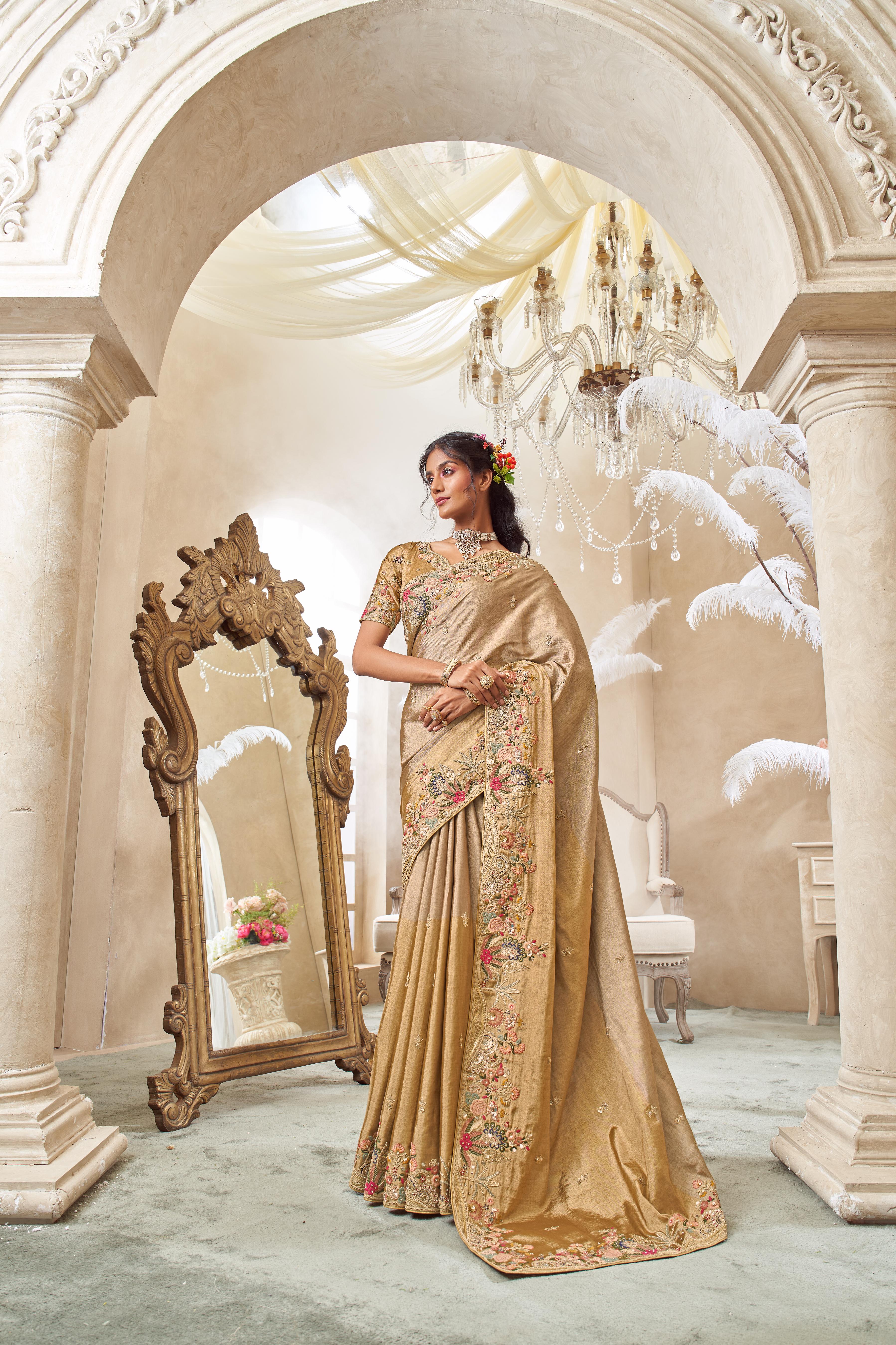 Yellow Gold Embellished Shimmer Tissue Silk Saree