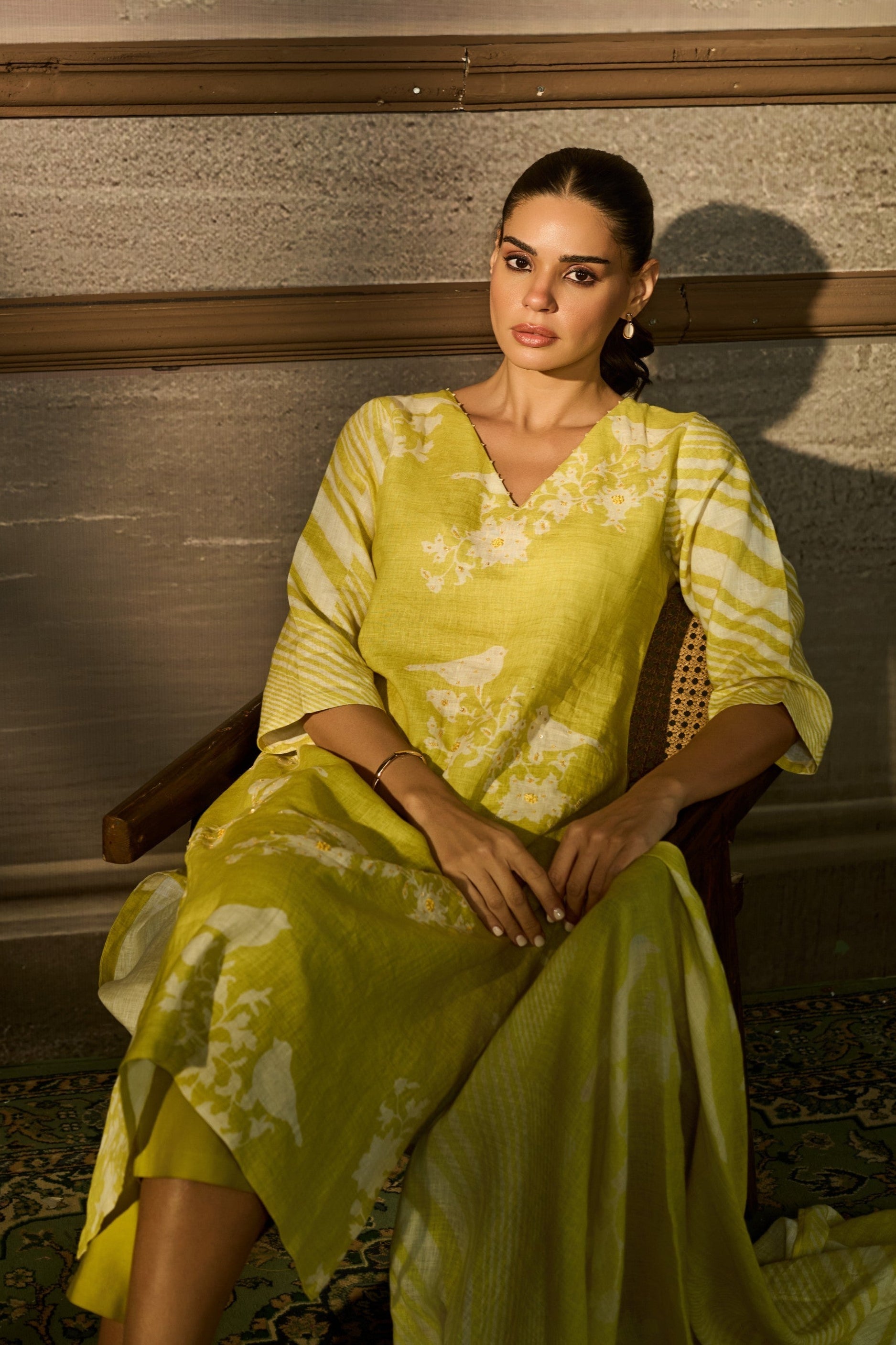 Lime Green Printed Linen Pant Set