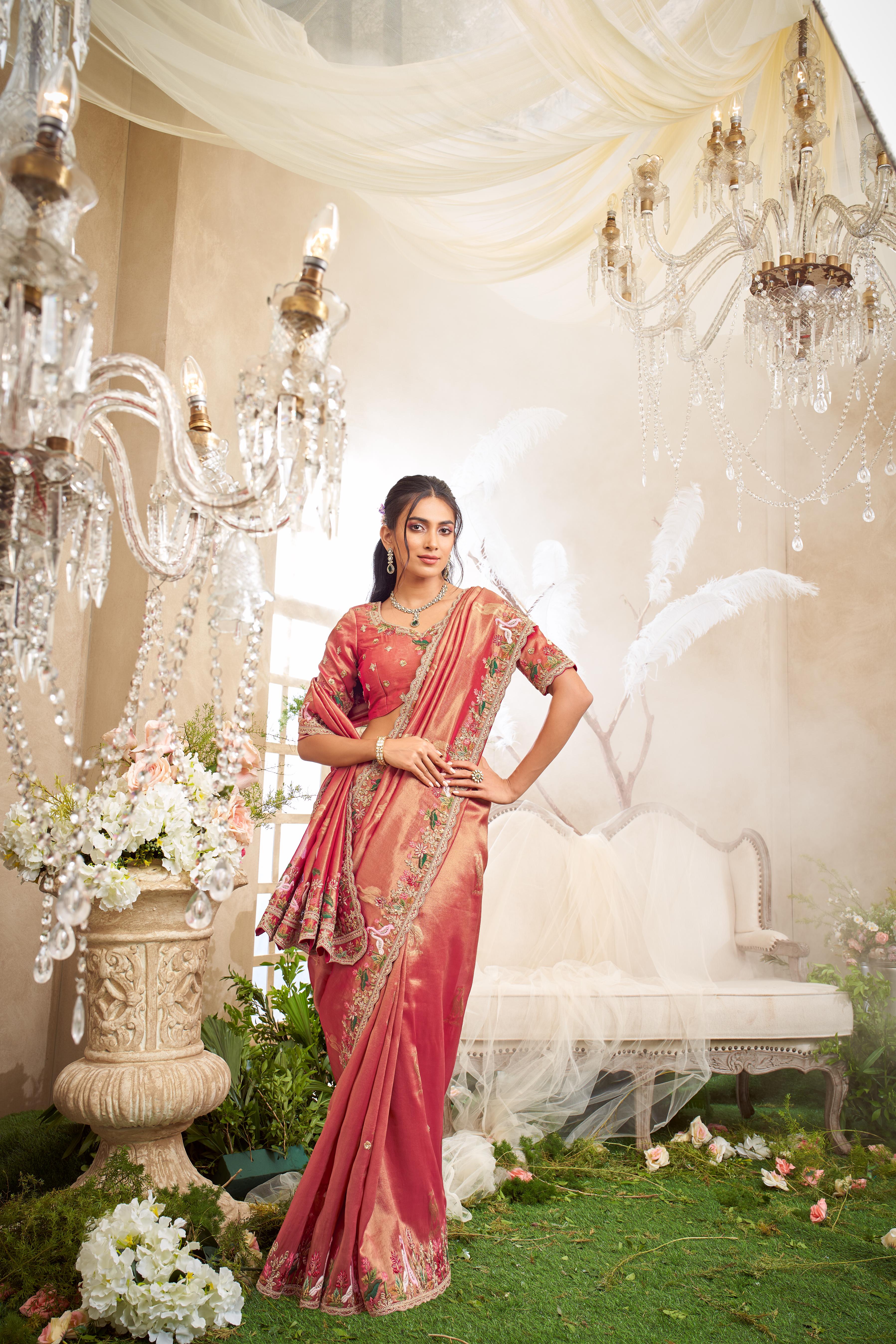 Rust Pink Embellished Shimmer Tissue Silk Saree