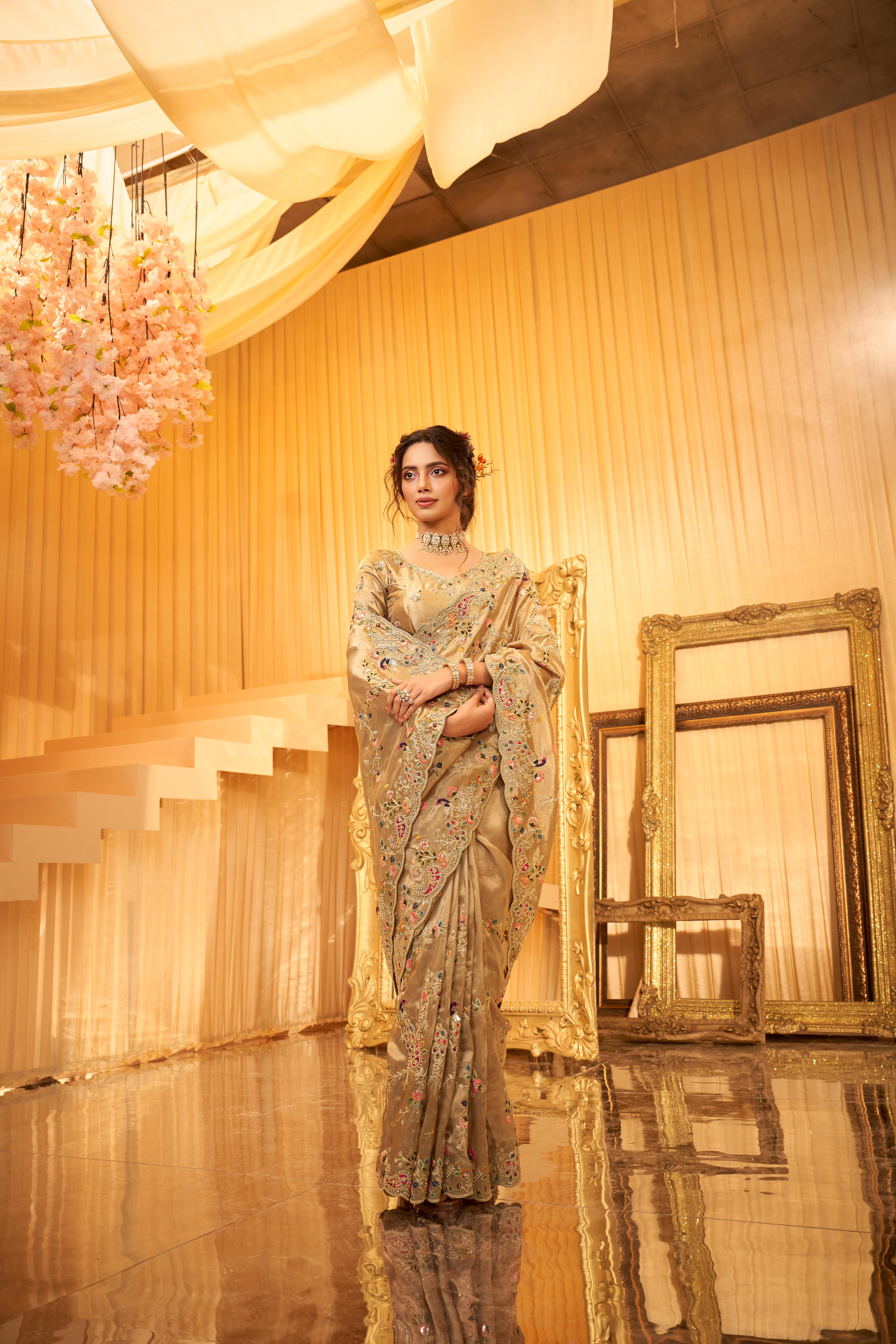Champagne Gold Embellished Shimmer Tissue Silk Saree