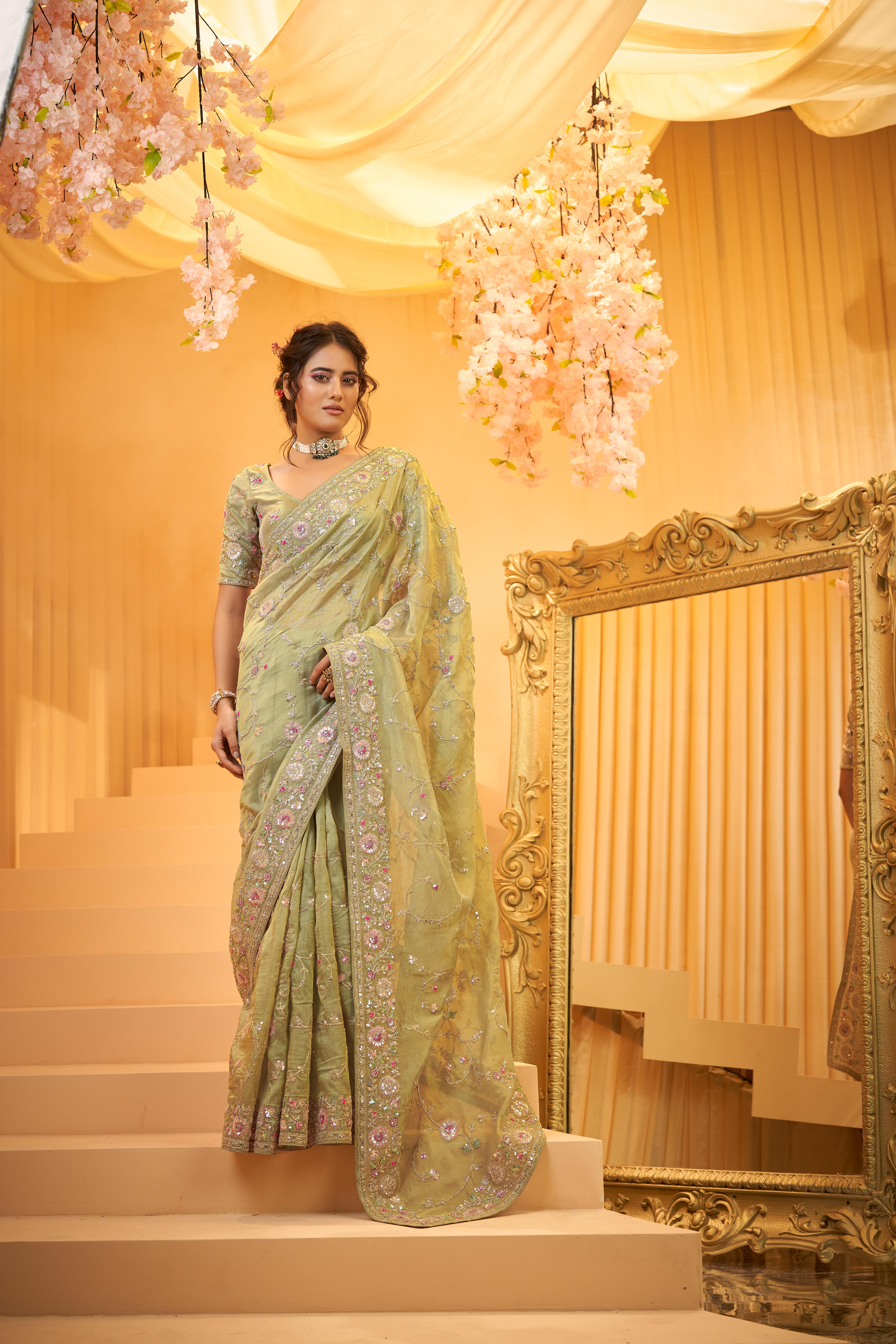 Pastel Green Embellished Organza Tissue Silk Saree