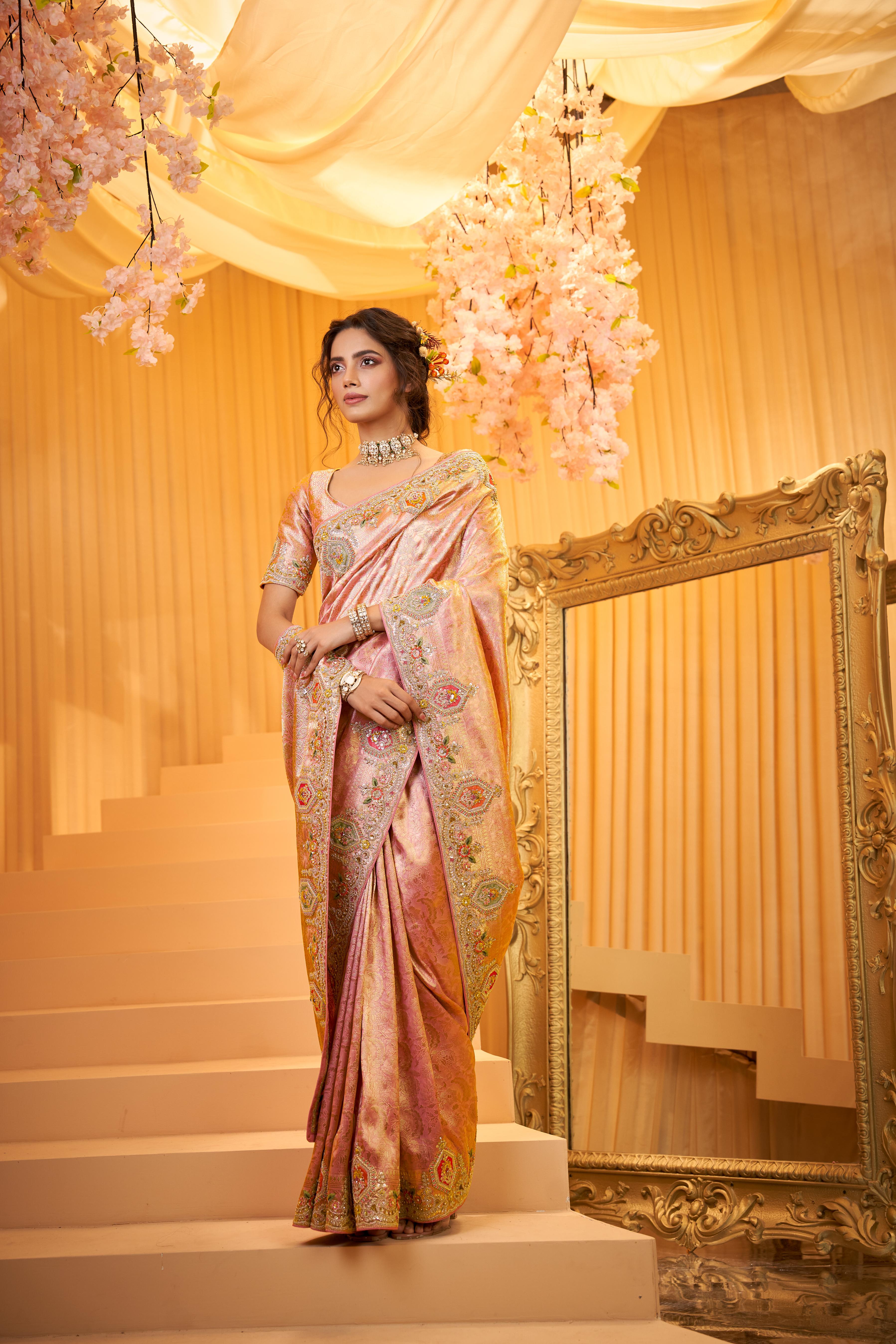 Rose Gold Embellished Premium Brocade Silk Saree
