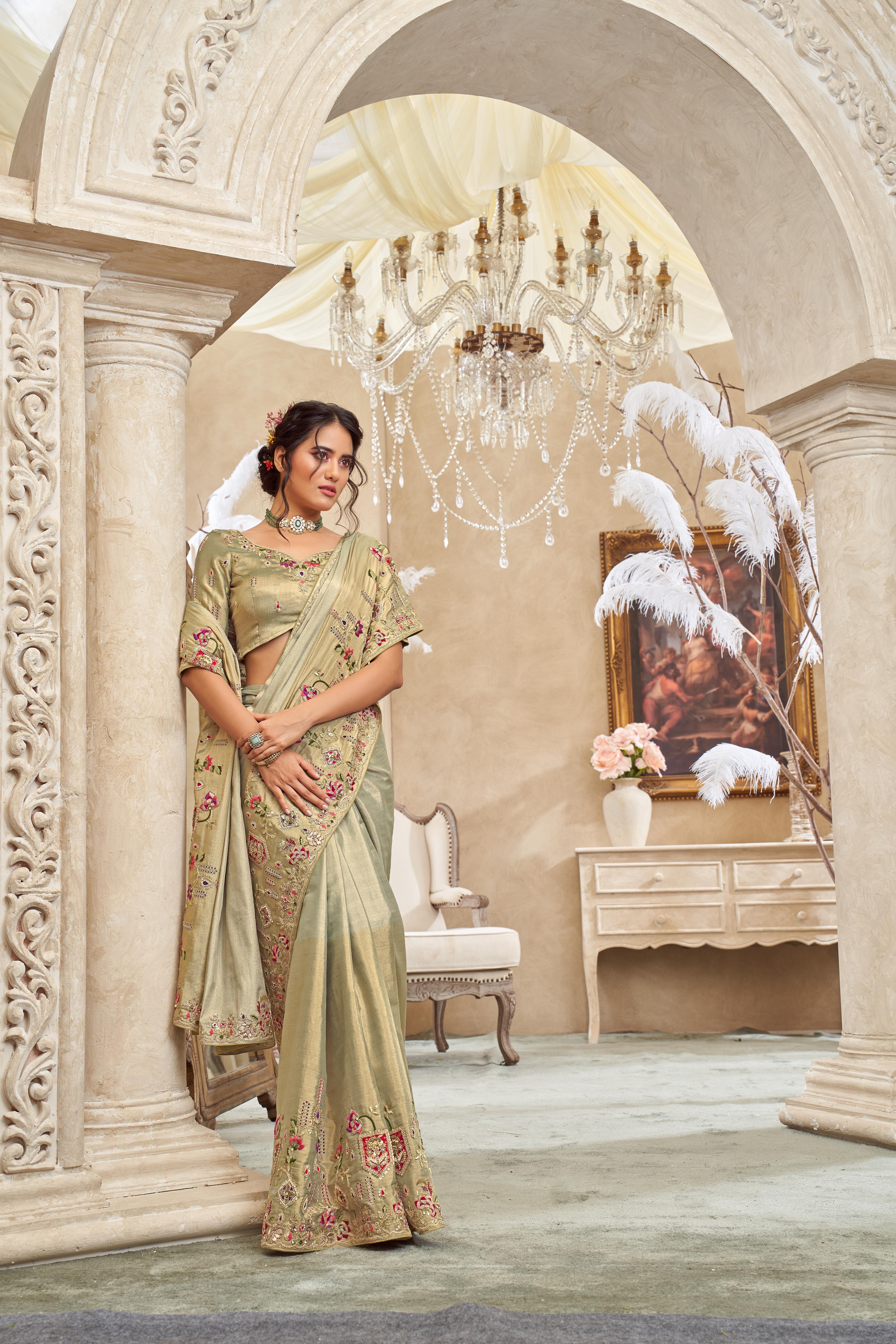 Pistachio Green Embellished Shimmer Tissue Silk Saree