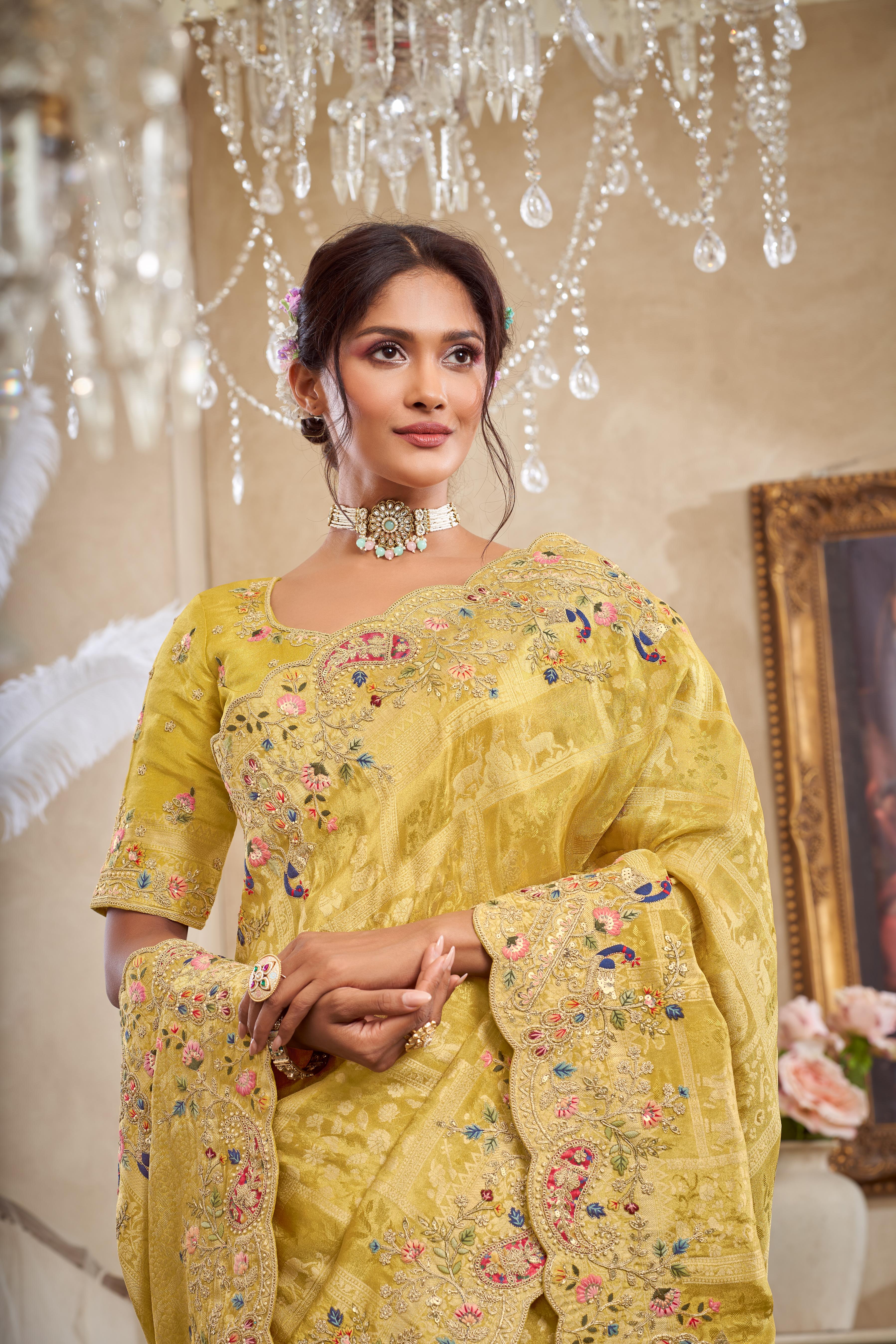 Soft Yellow Embellished Brocade Silk Saree