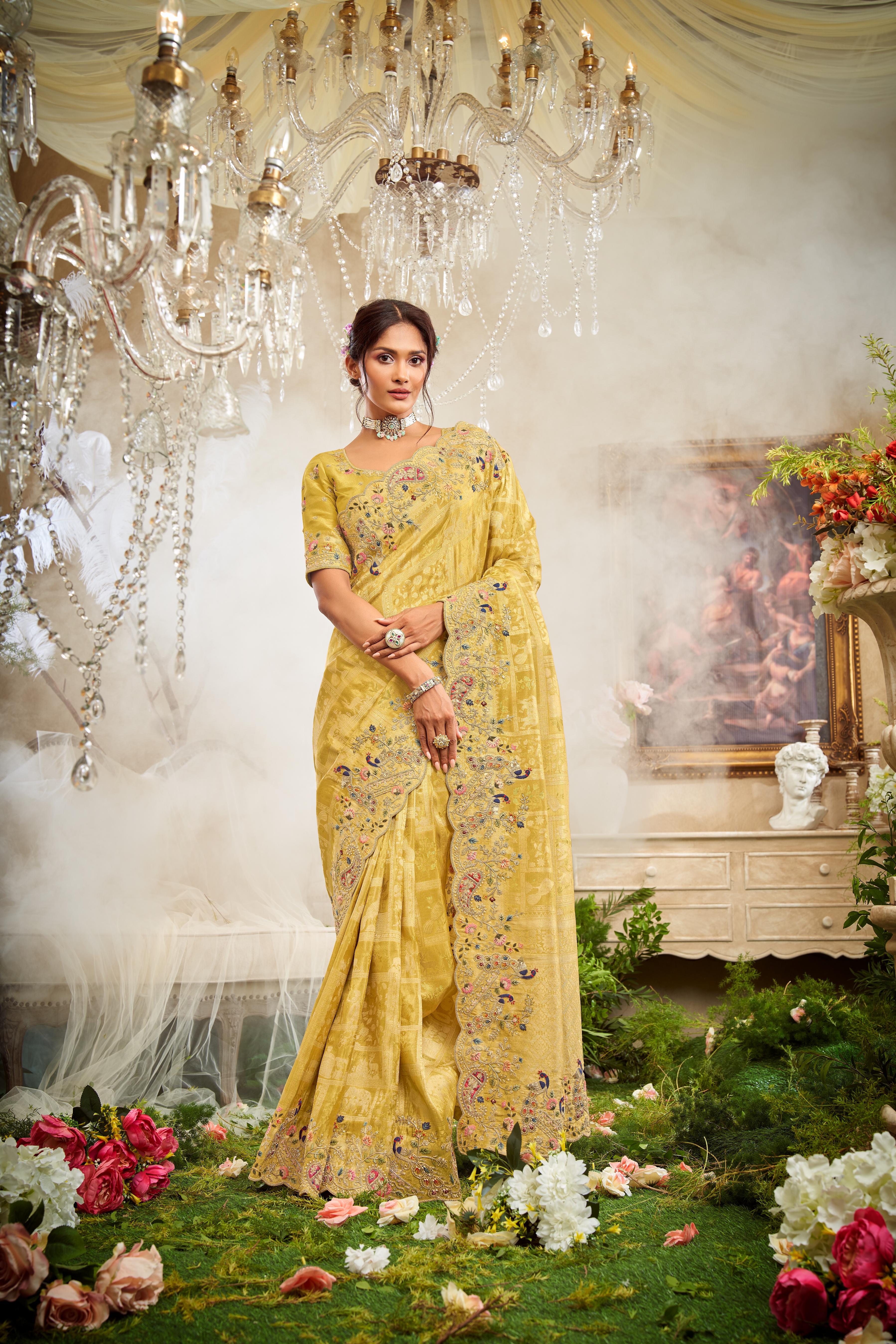 Soft Yellow Embellished Brocade Silk Saree