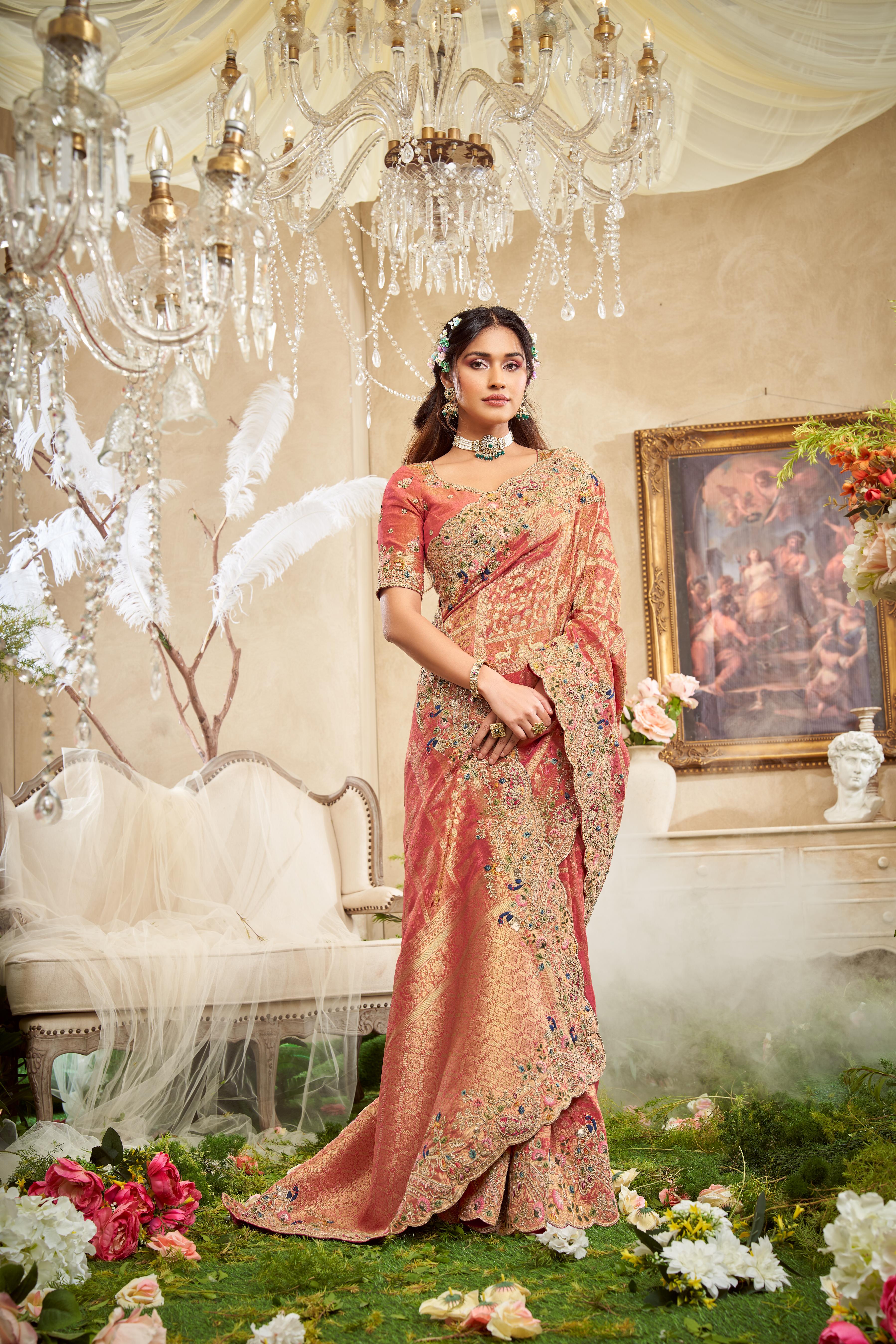 Rust Red Embellished Brocade Silk Saree