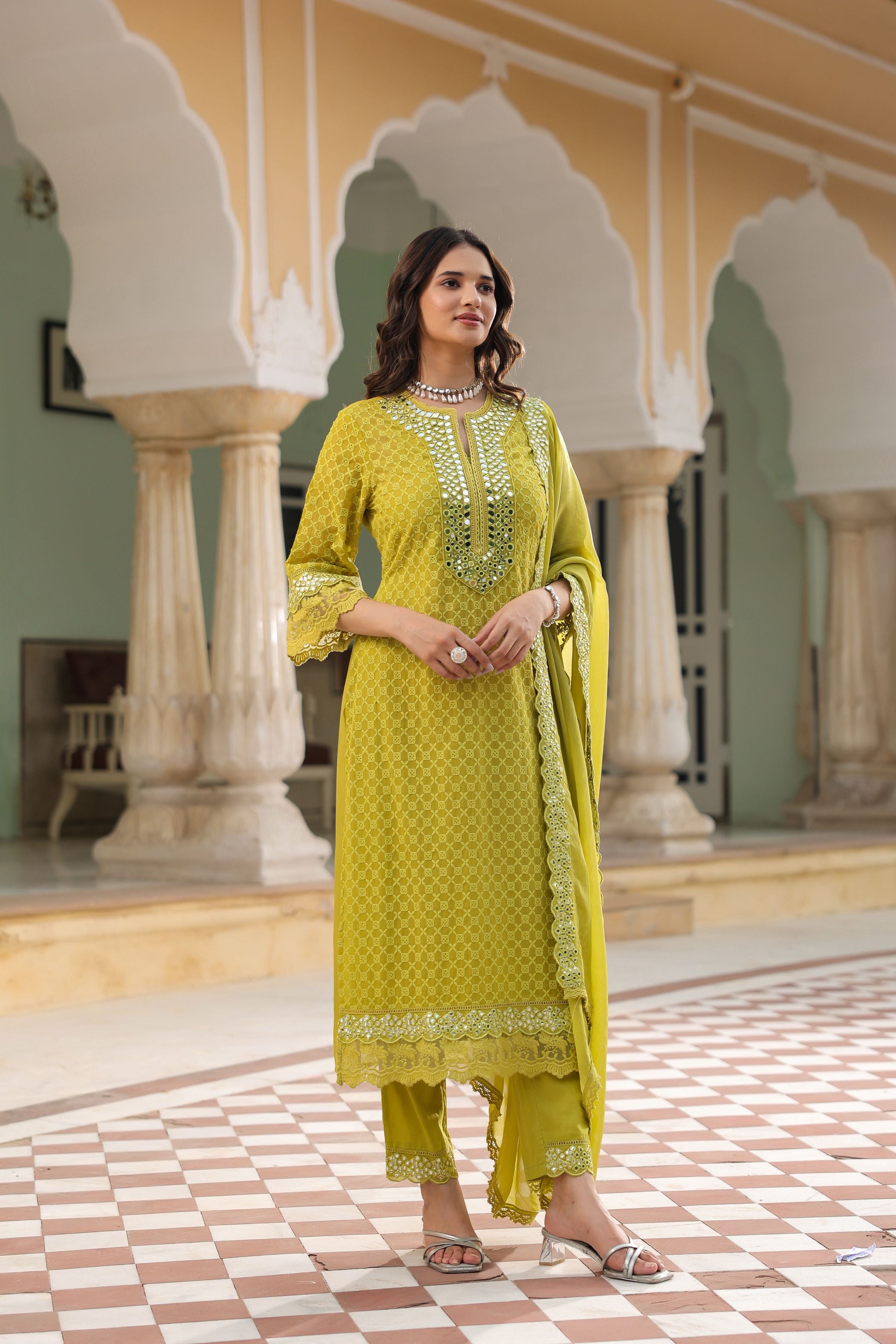 Pear Green Embroidered Georgette Silk Pants Set