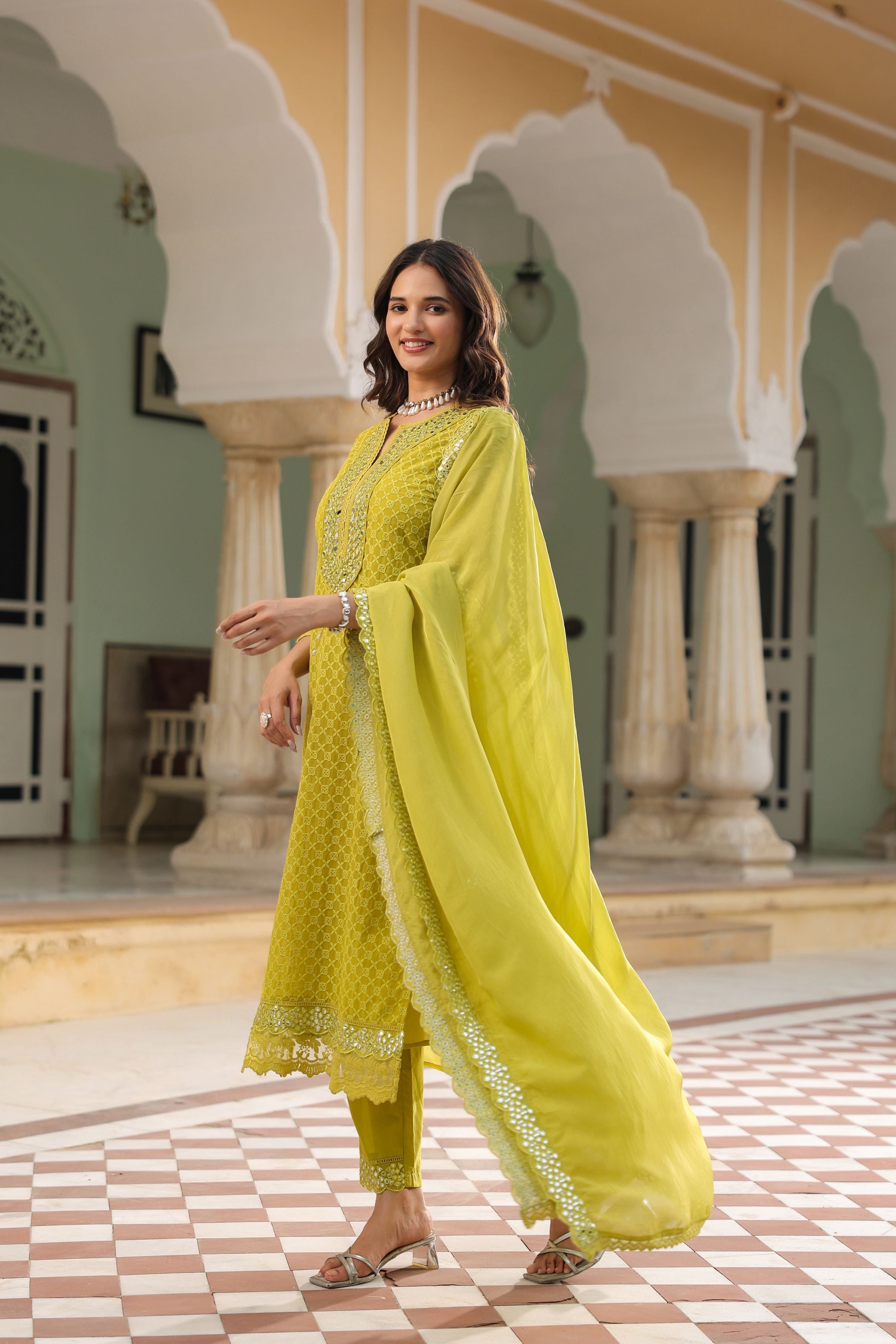 Pear Green Embroidered Georgette Silk Pants Set