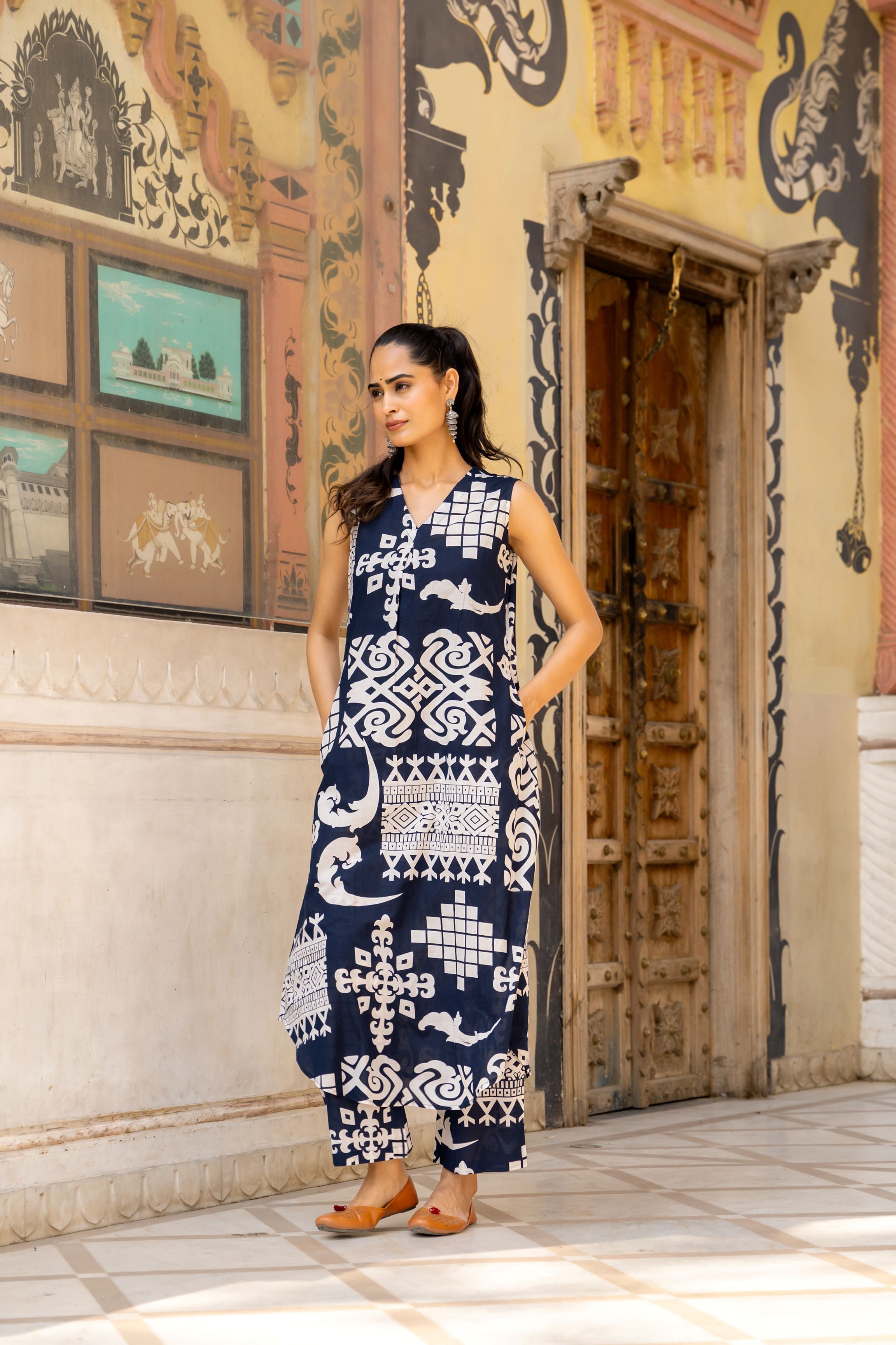 Blue Ethnic Printed Belgium Linen Co-Ord Set