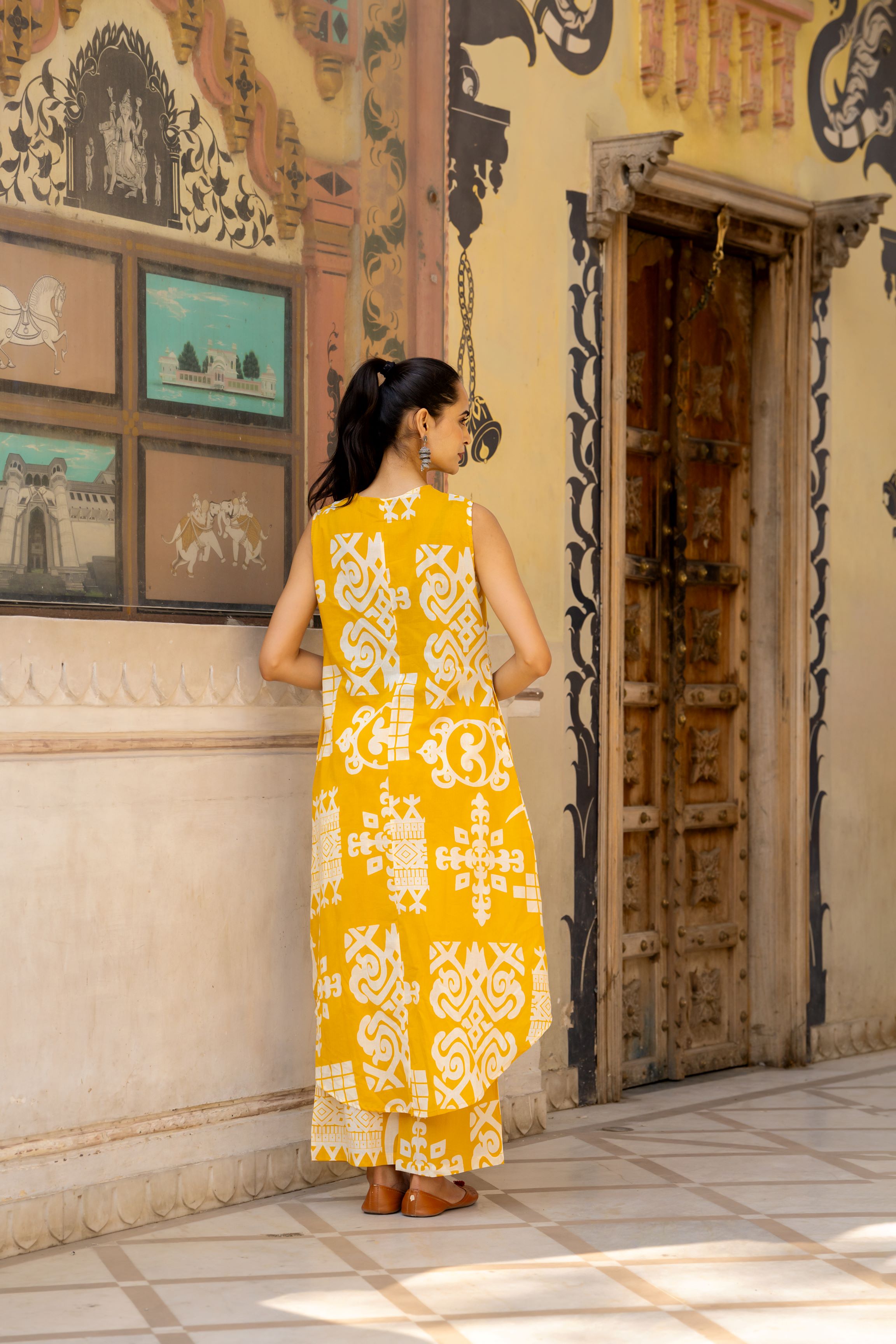 Yellow Ethnic Printed Belgium Linen Co-Ord Set