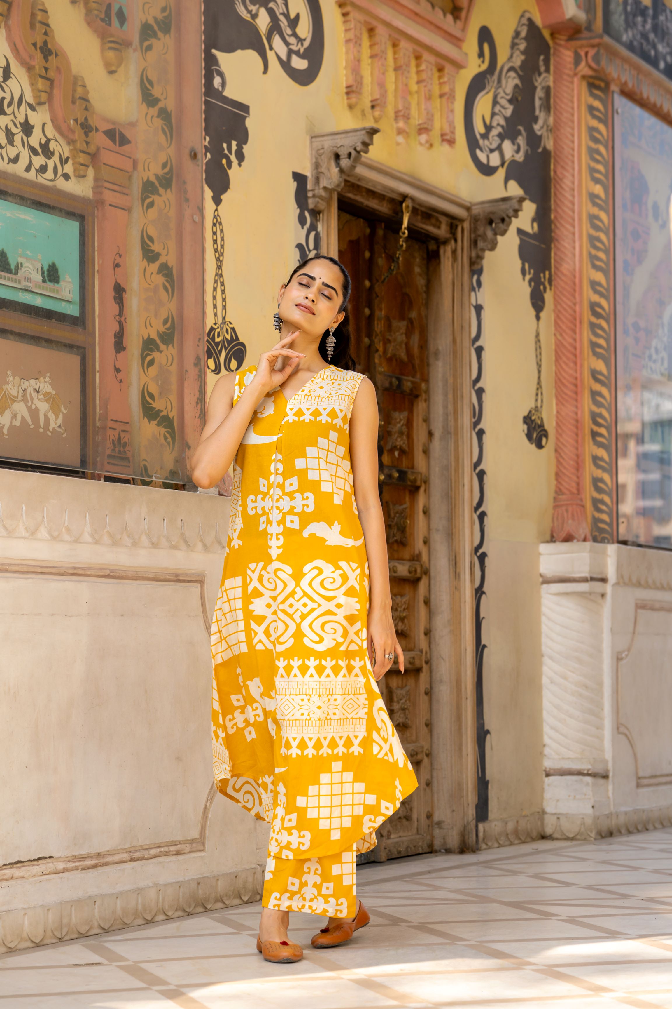 Yellow Ethnic Printed Belgium Linen Co-Ord Set