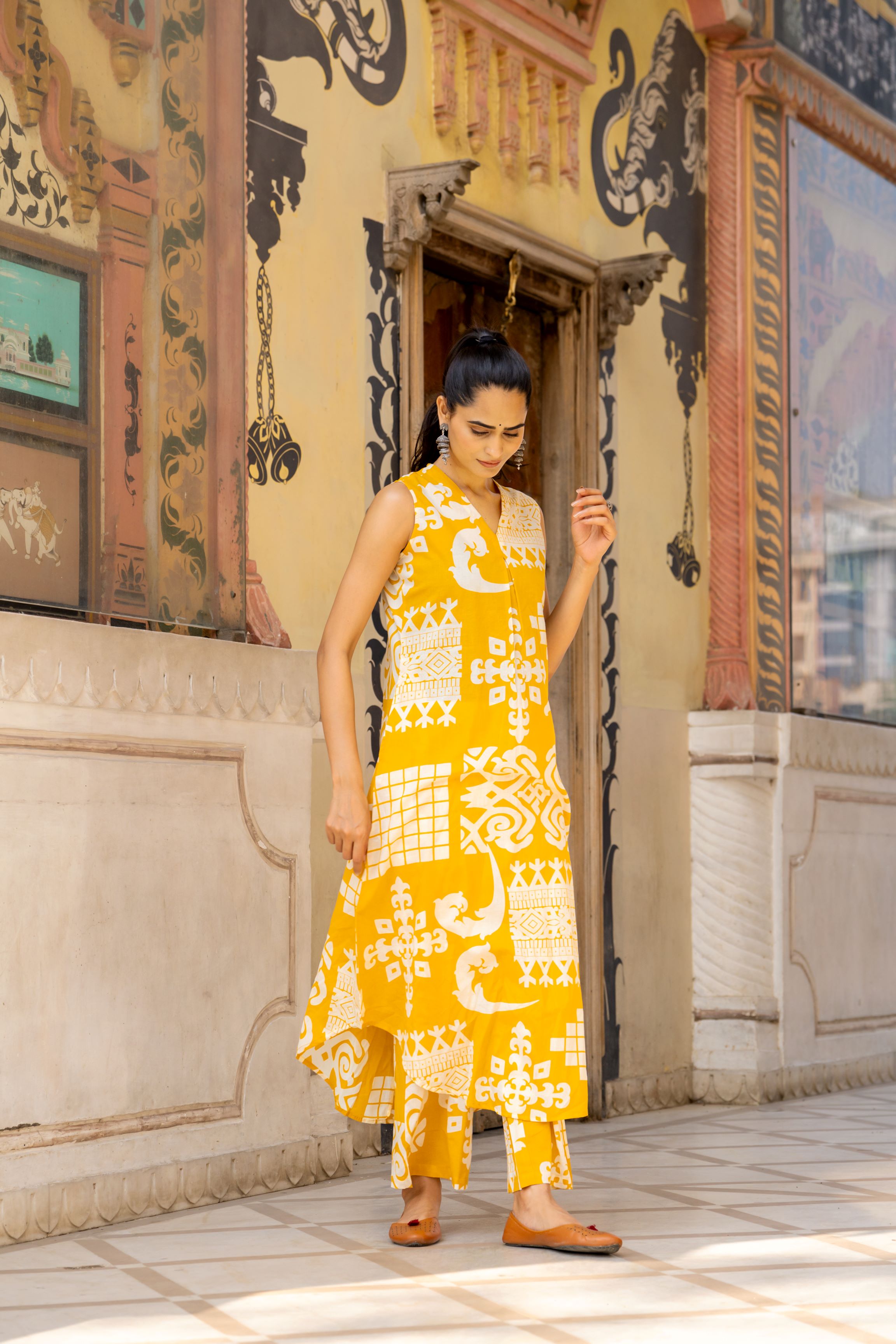 Yellow Ethnic Printed Belgium Linen Co-Ord Set