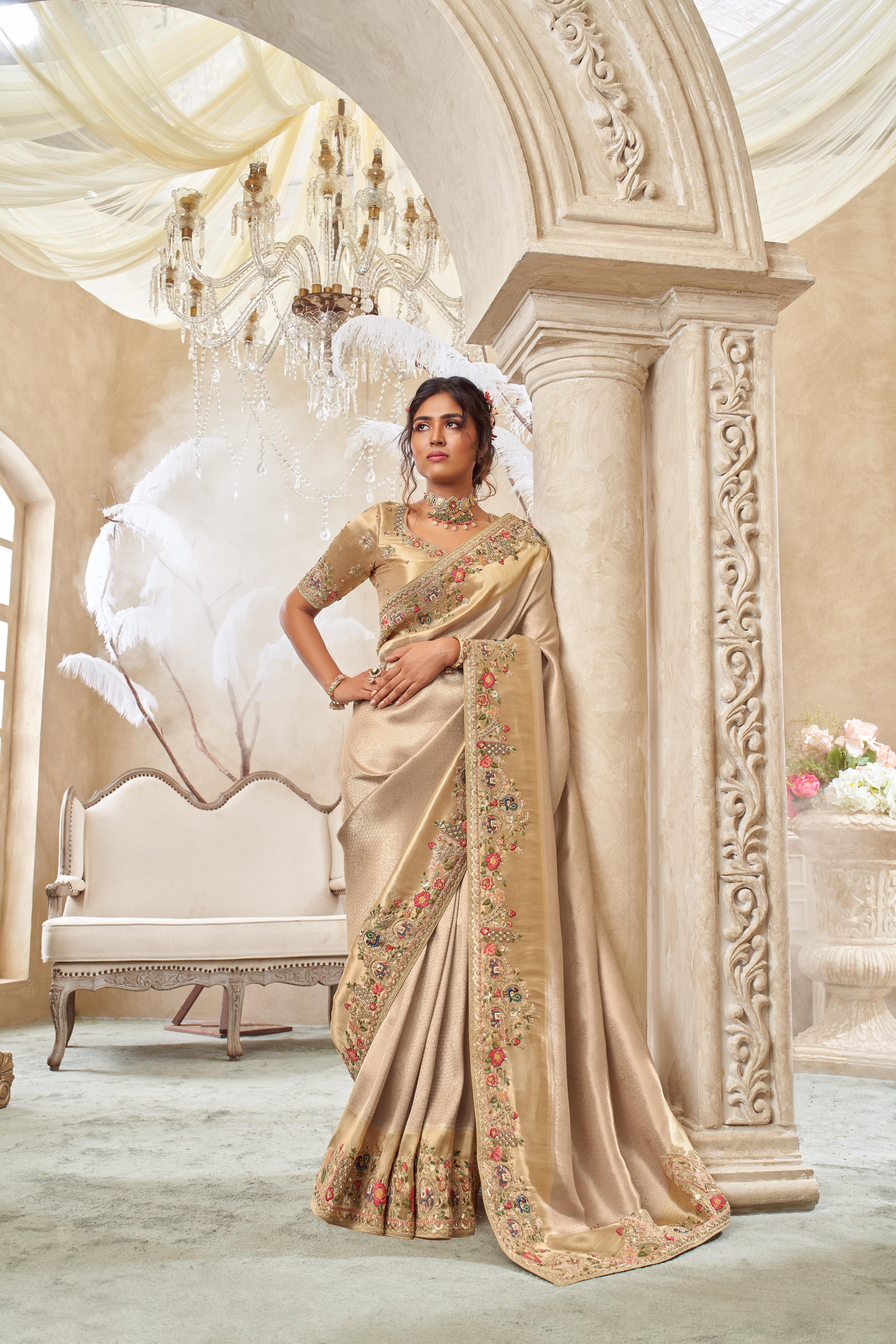 Beige Gold Embellished Shimmer Tissue Silk Saree