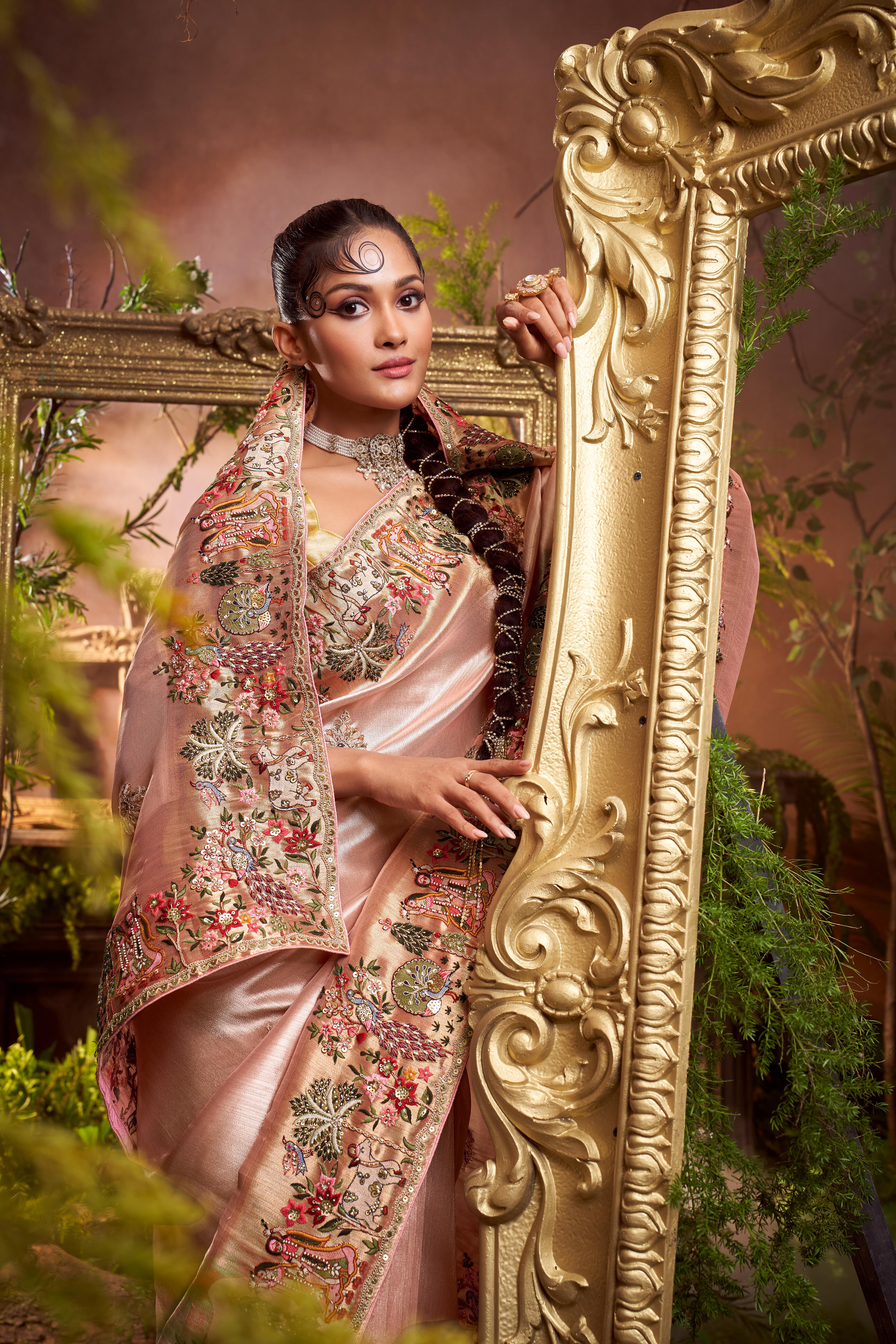 Rose Pink Embellished Shimmer Tissue Silk Saree