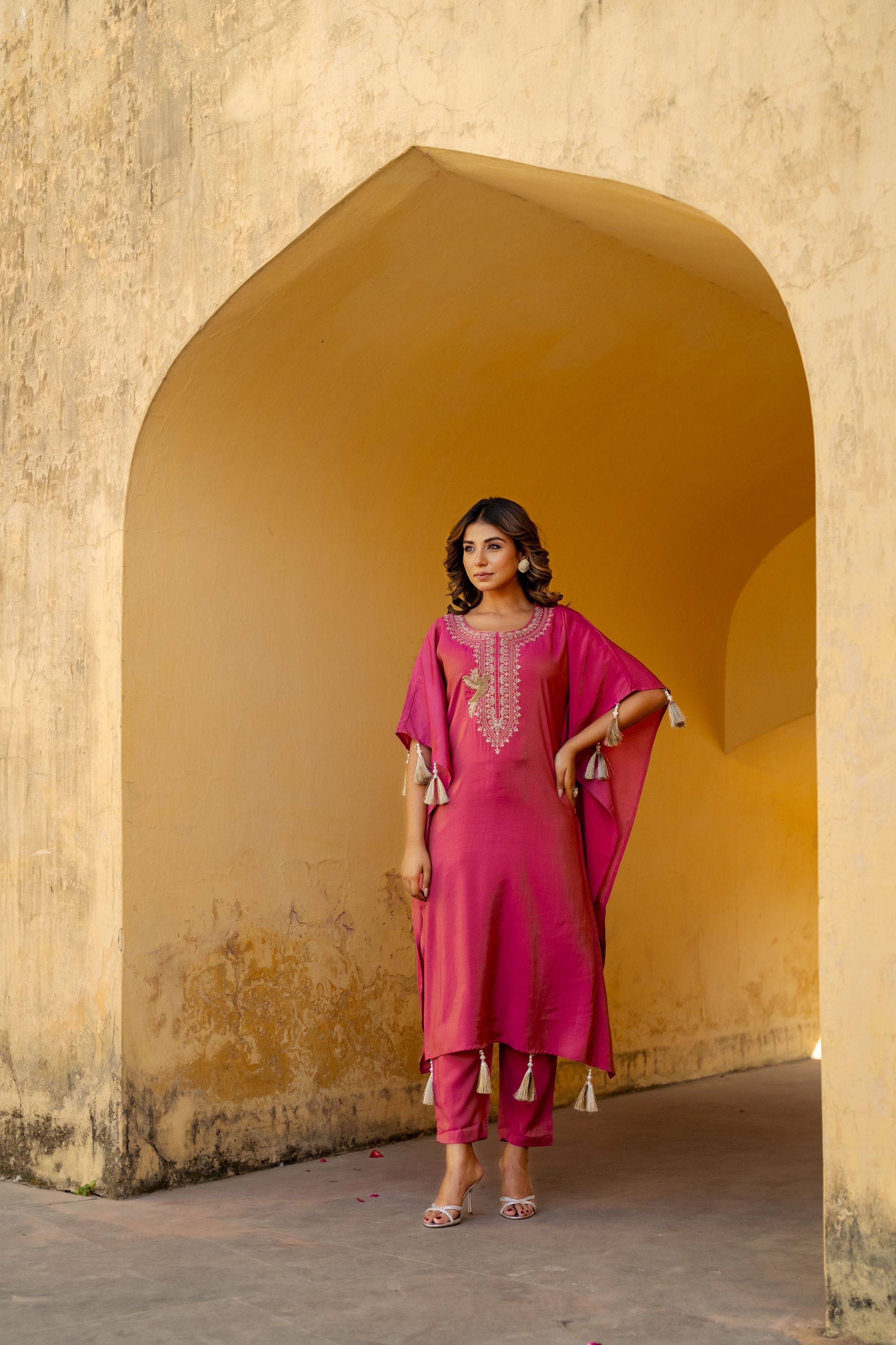 Rouge Pink Embellished Premium Silk Kaftan Set