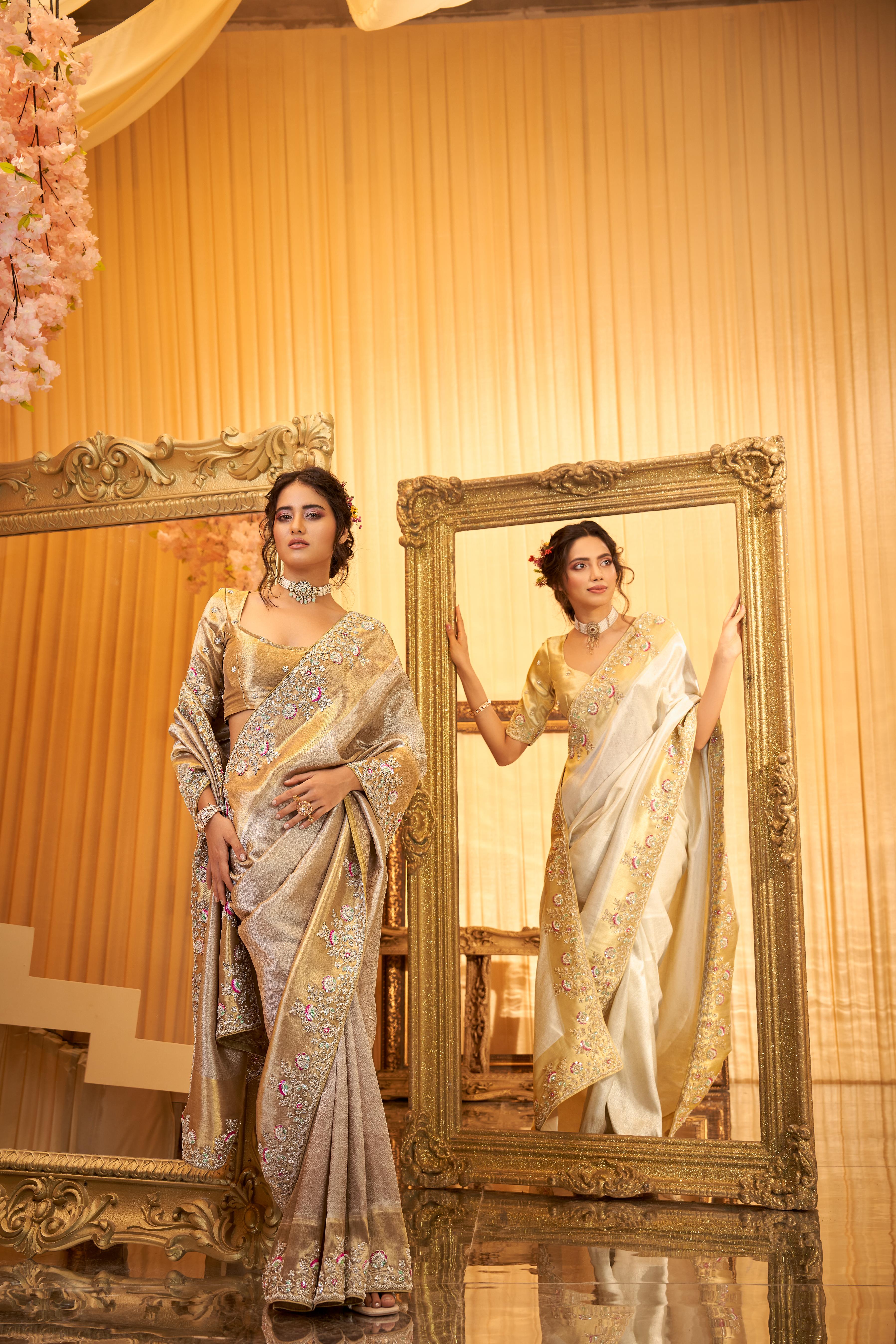 Champagne Gold Embellished Dola Silk Saree
