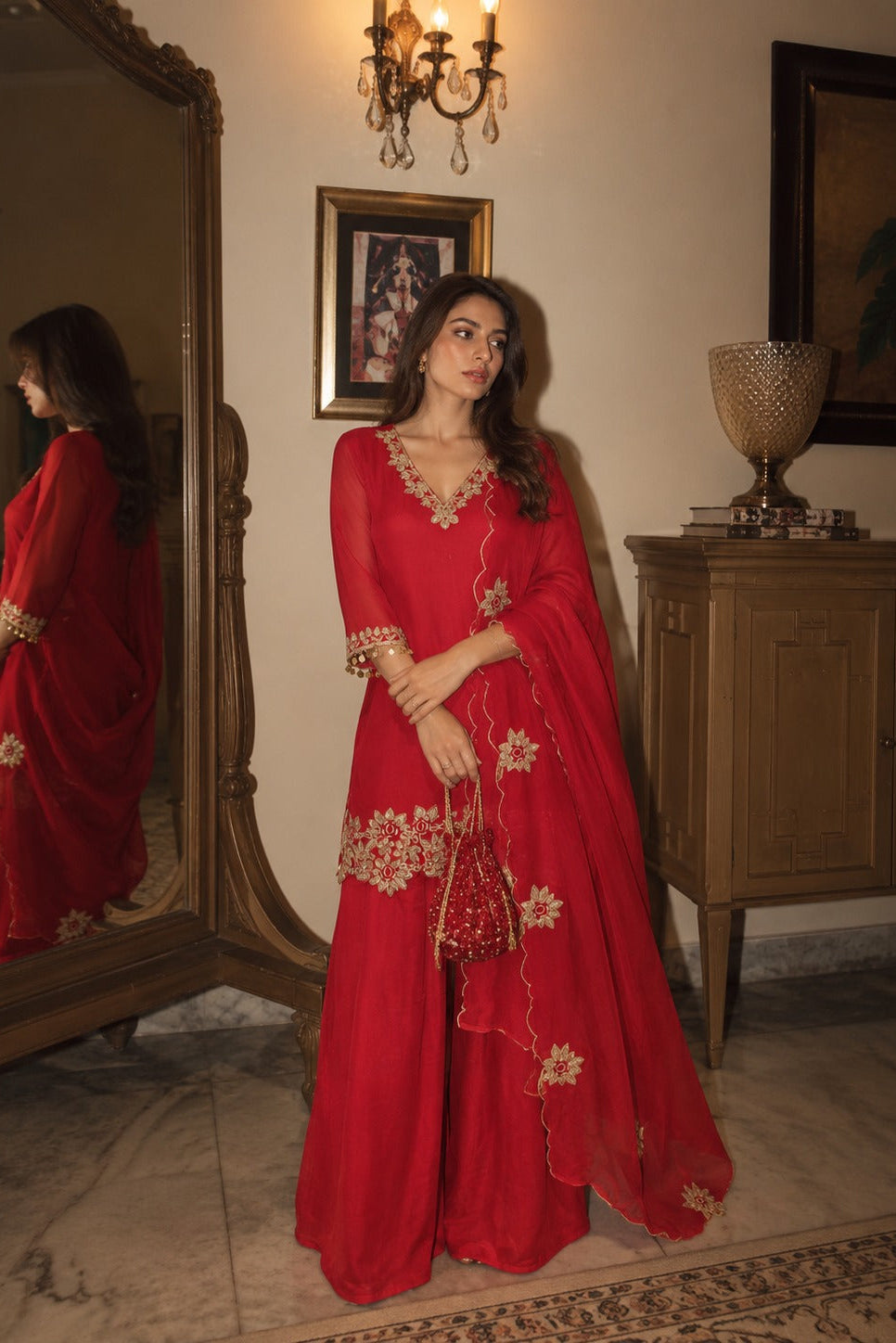 Crimson Red Embellished Chinon Silk Palazzo Set
