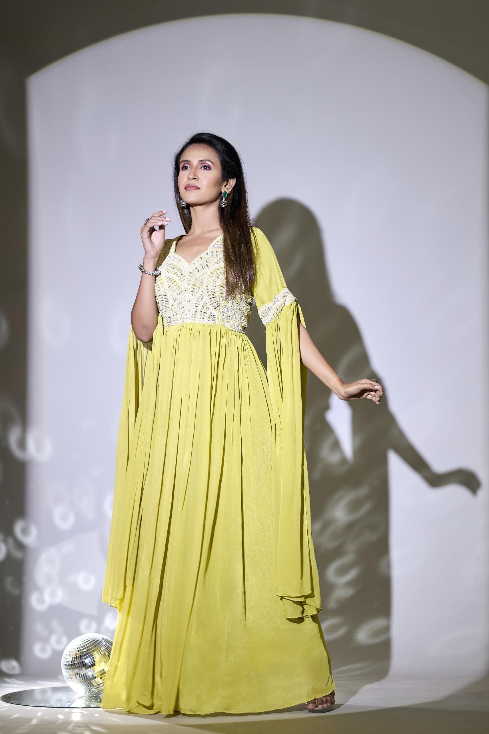 Light Yellow Embellished Premium Georgette Silk Gown