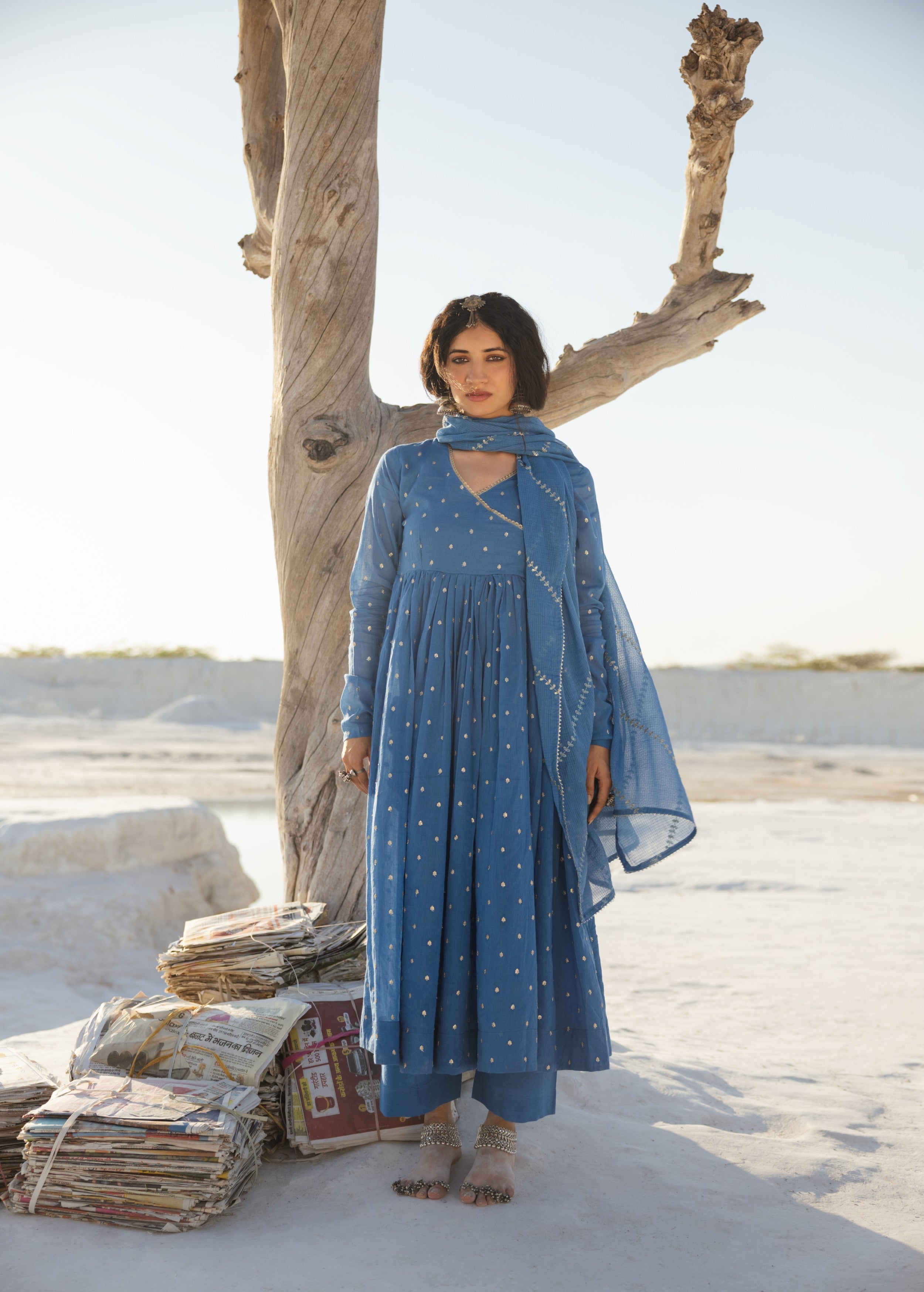 Slate Blue Embellished Mul Cotton Anarkali Set