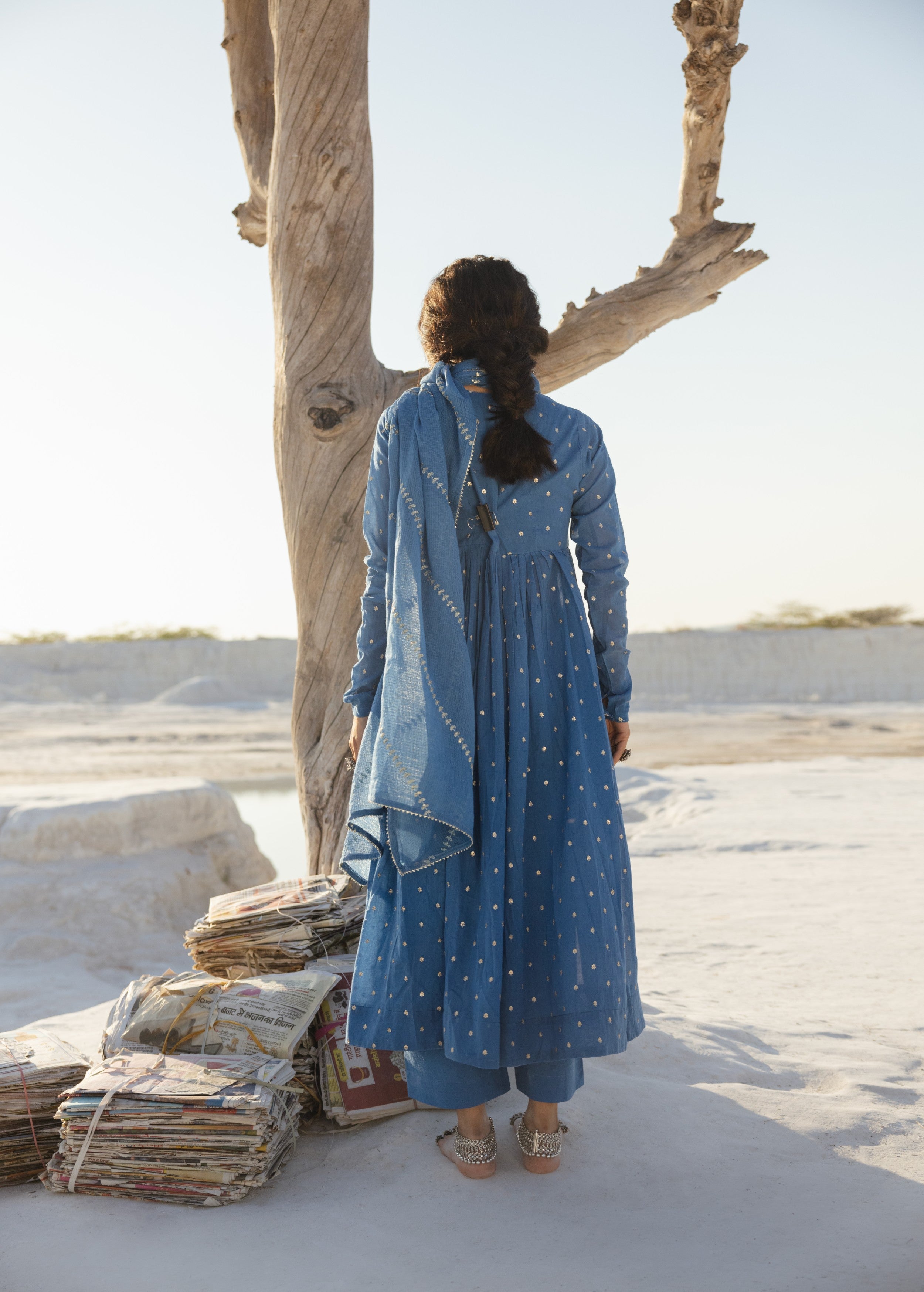 Slate Blue Embellished Mul Cotton Anarkali Set