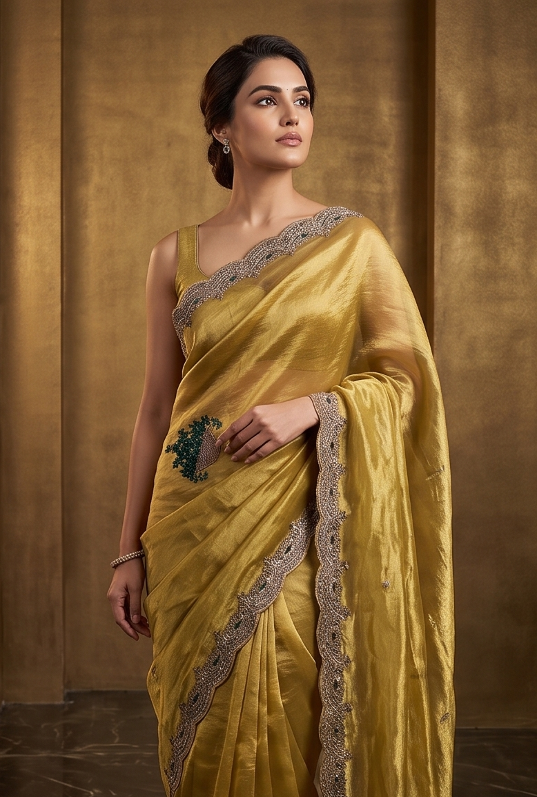 Olive Gold Embellished Tissue Organza Silk Saree