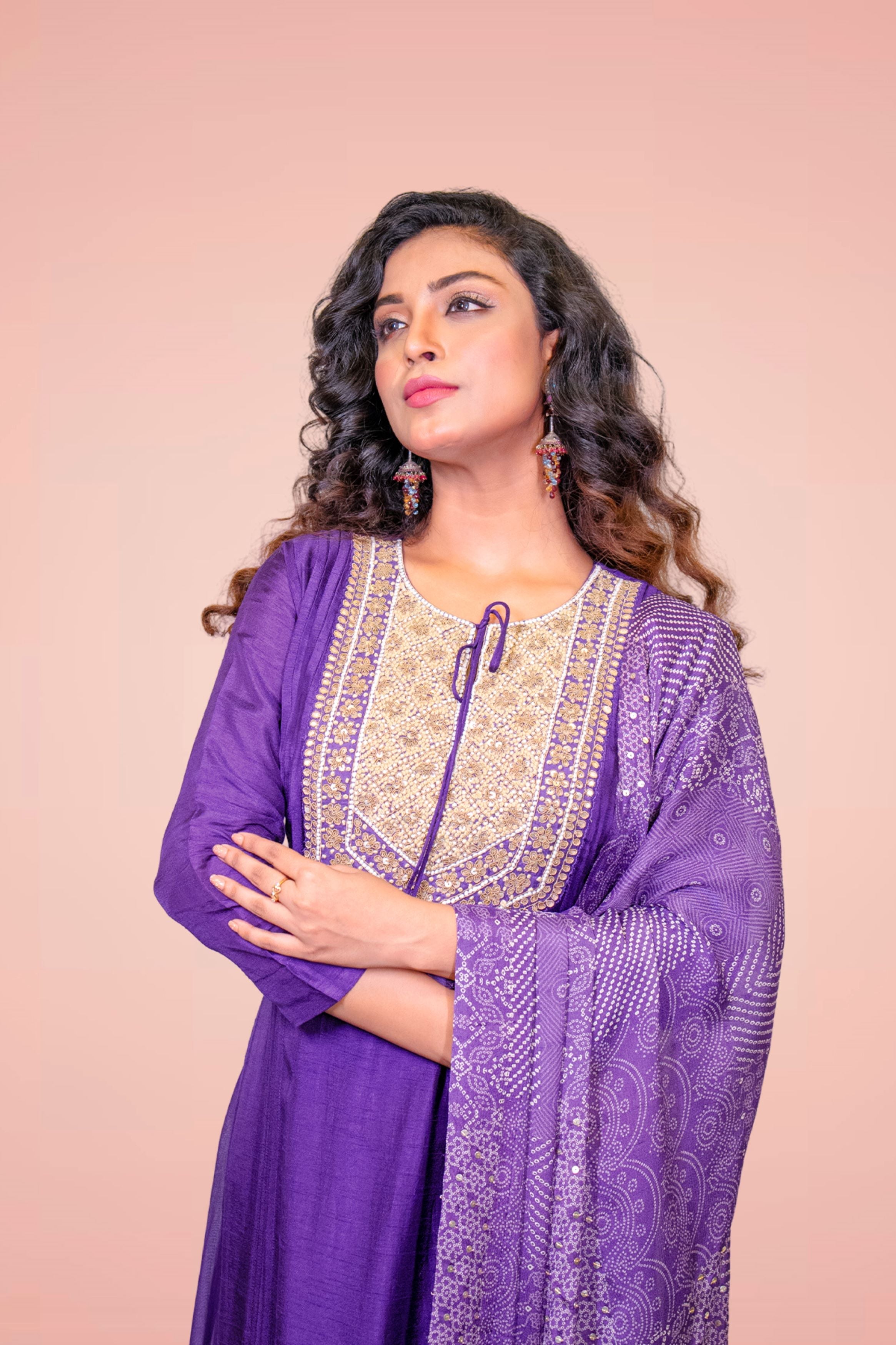 Purple Embellished Premium Silk Anarkali Set