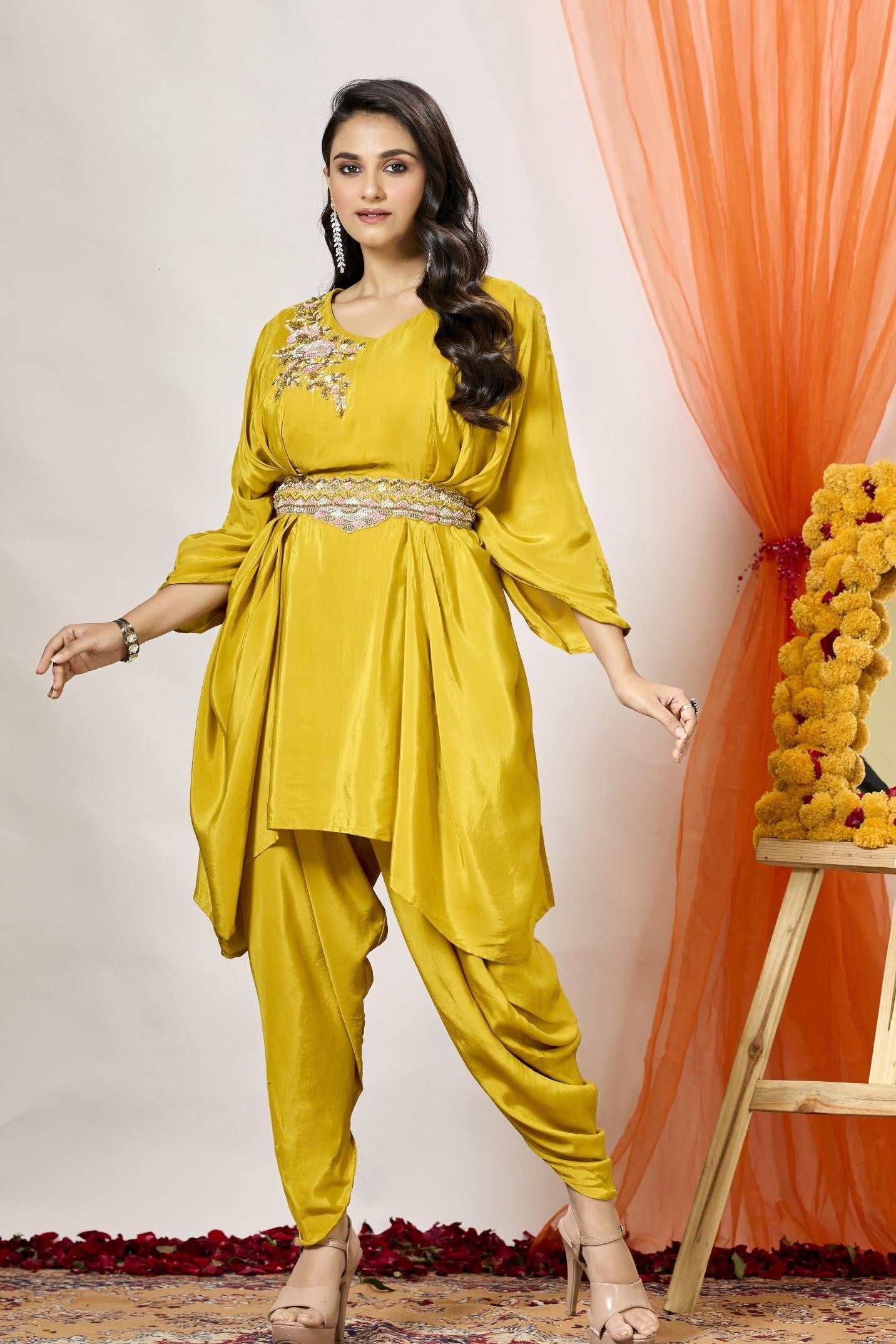 Bright Yellow Embellished Crepe Silk Tunic & Dhoti Set
