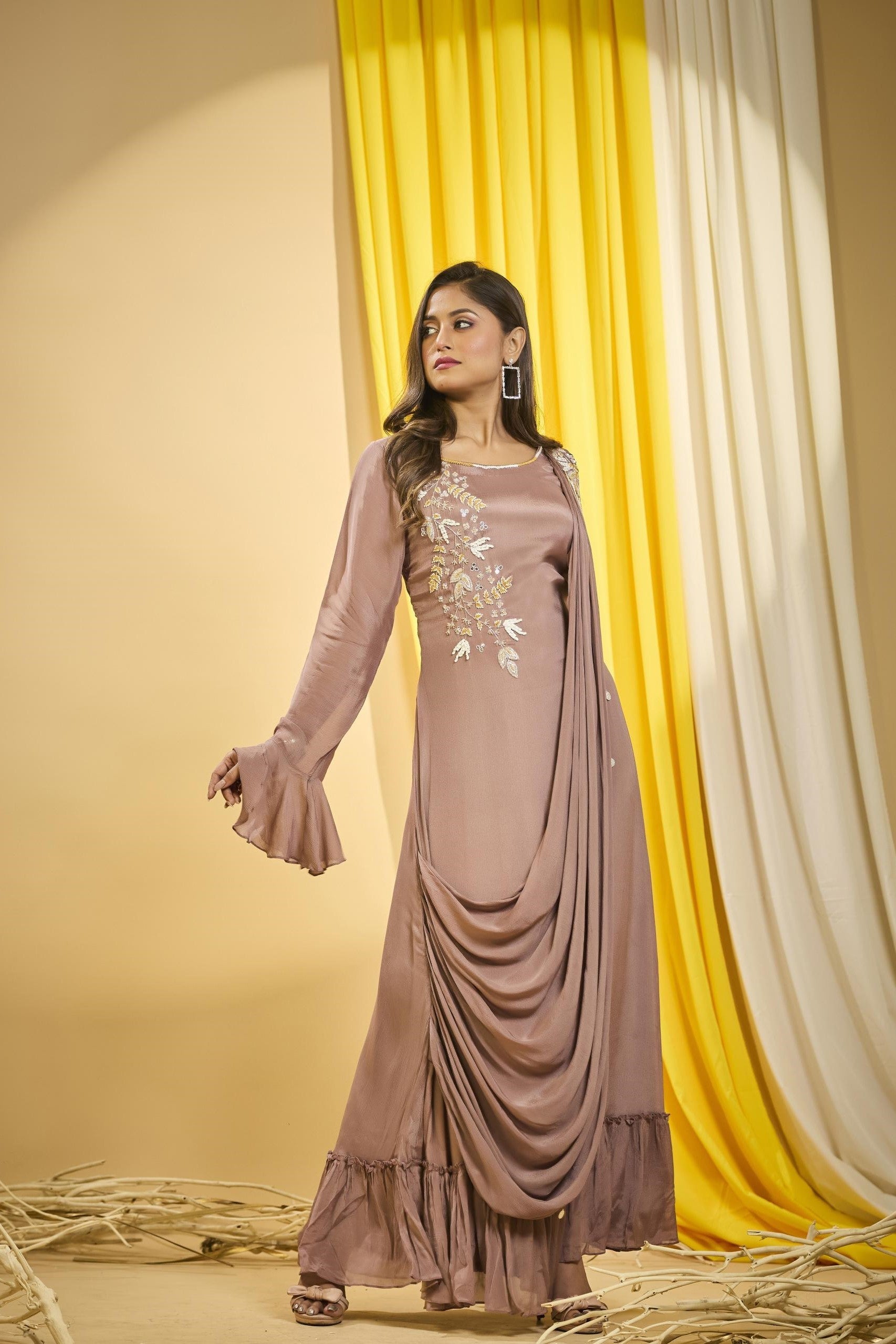 Dusky Rose Embellished Premium Chinon Silk Draped Gown