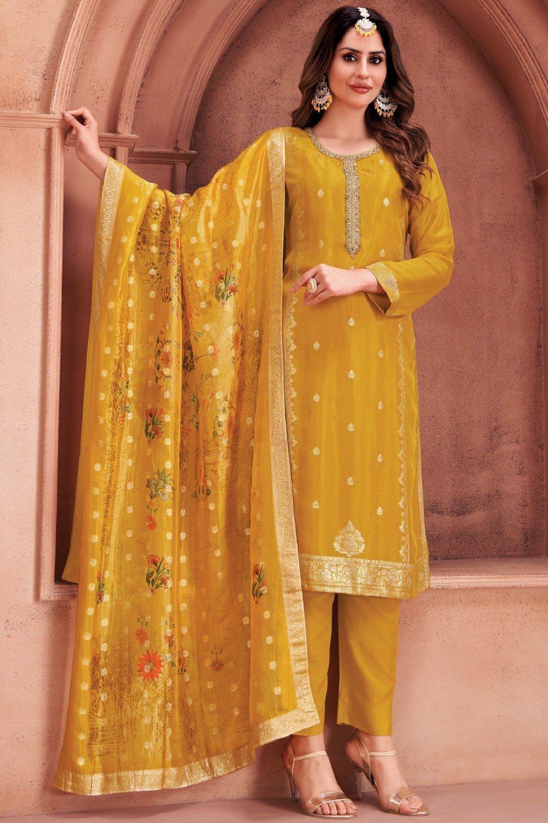 Amber Yellow Banarasi Dola Silk Kurta Pant Set