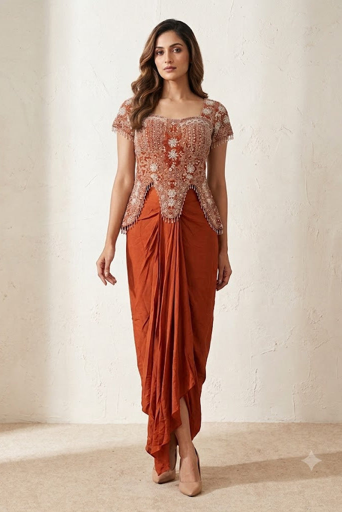 Orange Rust Embellished Georgette Silk Skirt Set