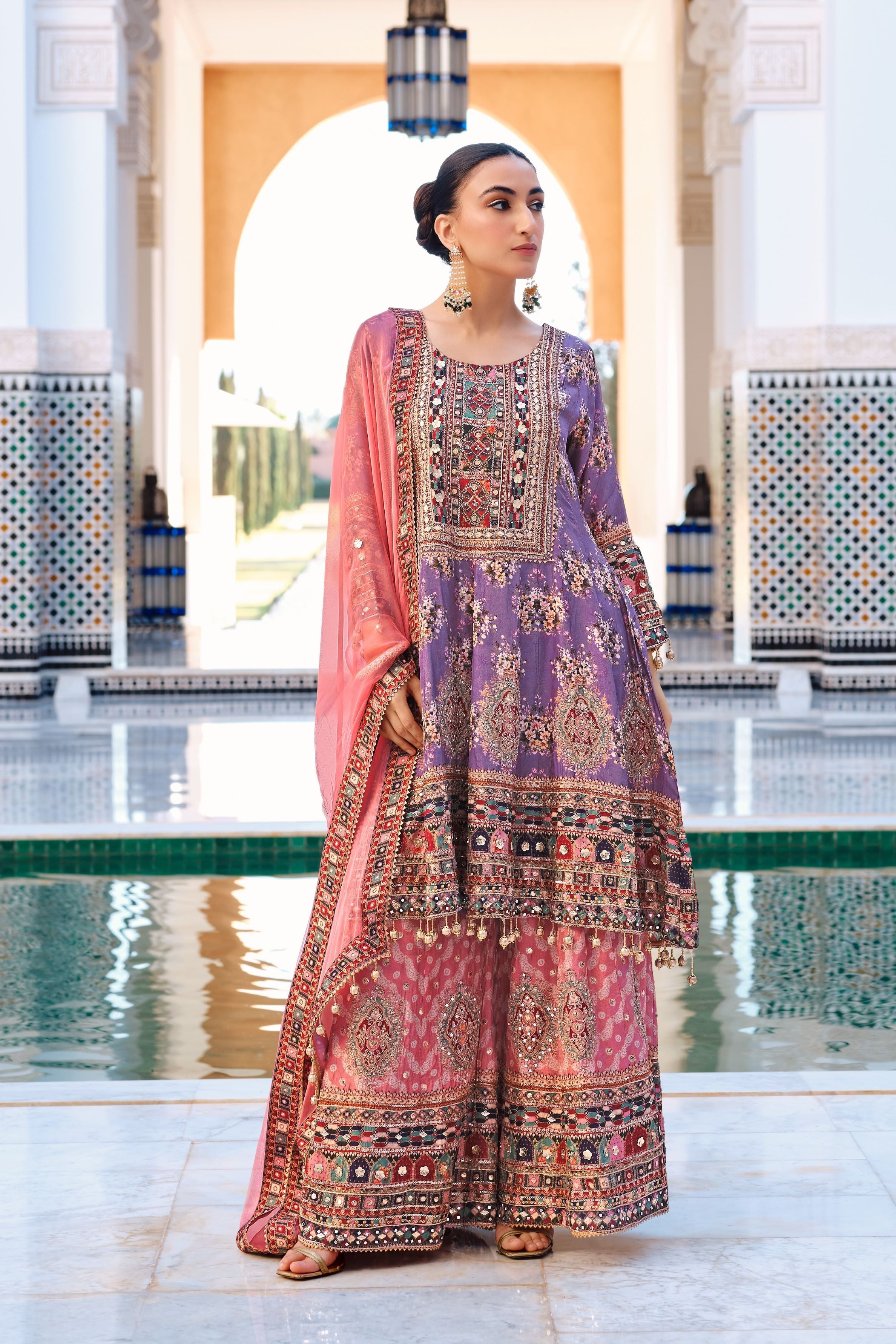 Rose Mauve Ethnic Printed Crepe Silk Palazzo Set