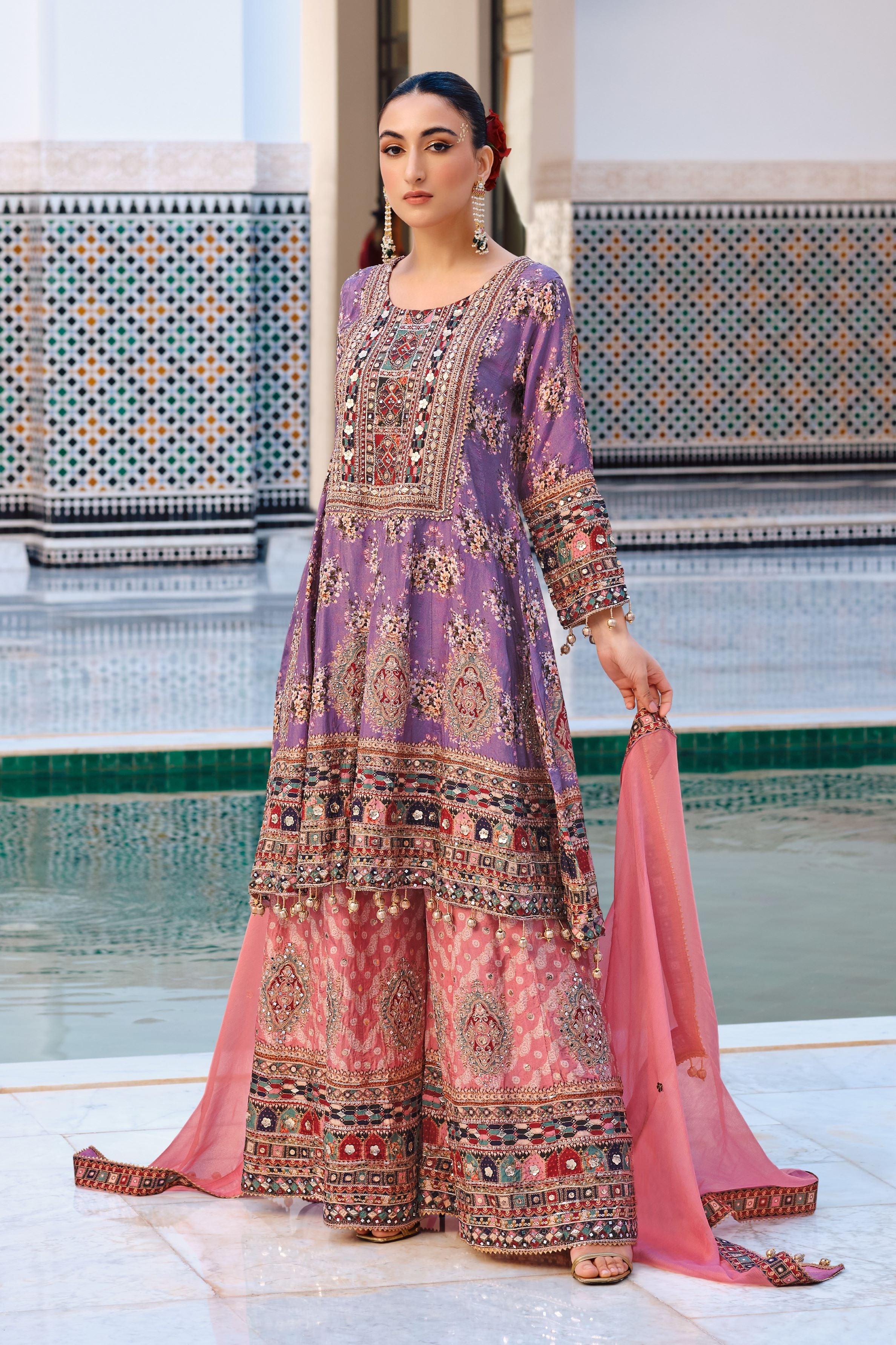 Rose Mauve Ethnic Printed Crepe Silk Palazzo Set